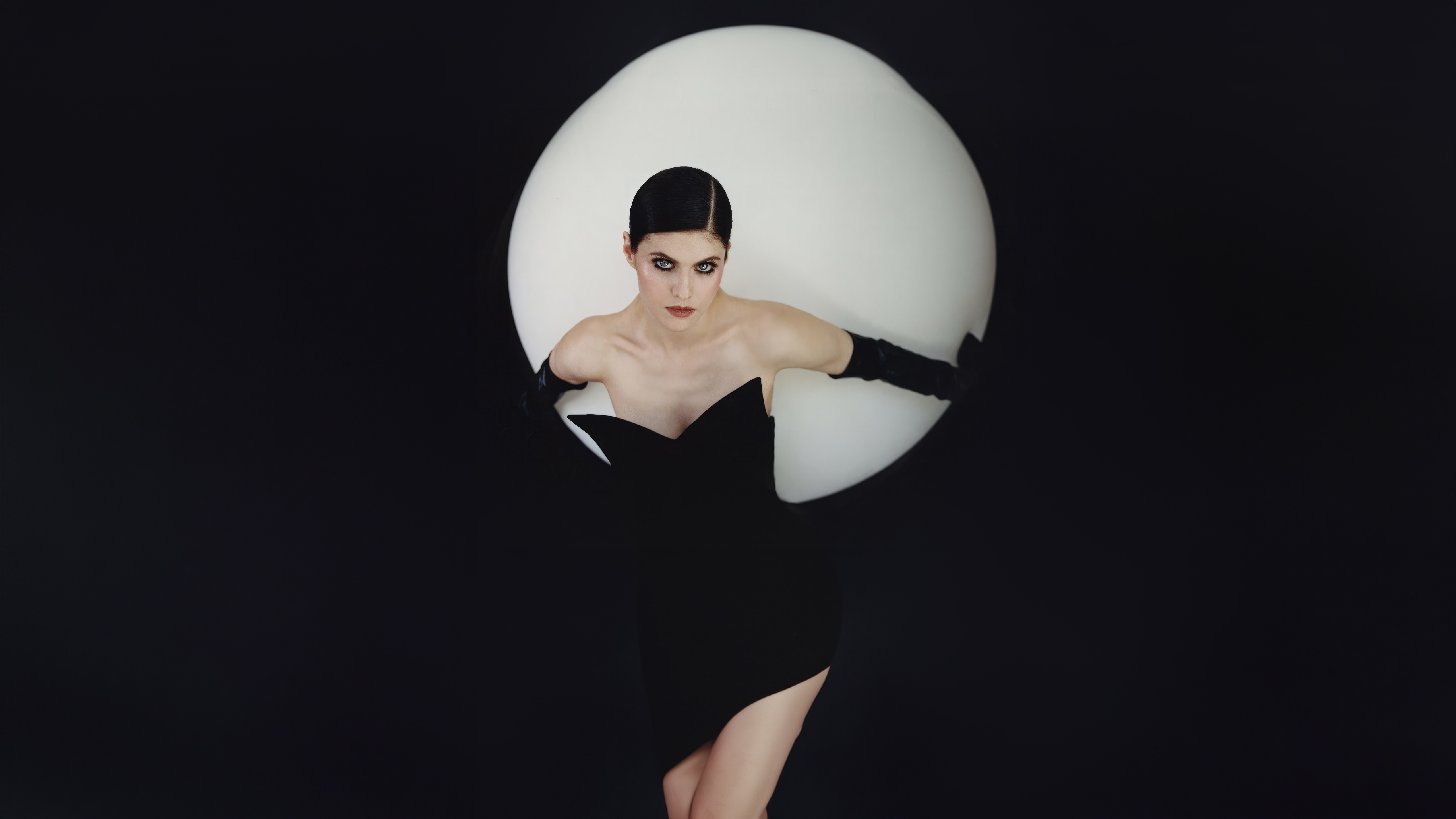 Alexandra Daddario in a black dress HD Wallpaper