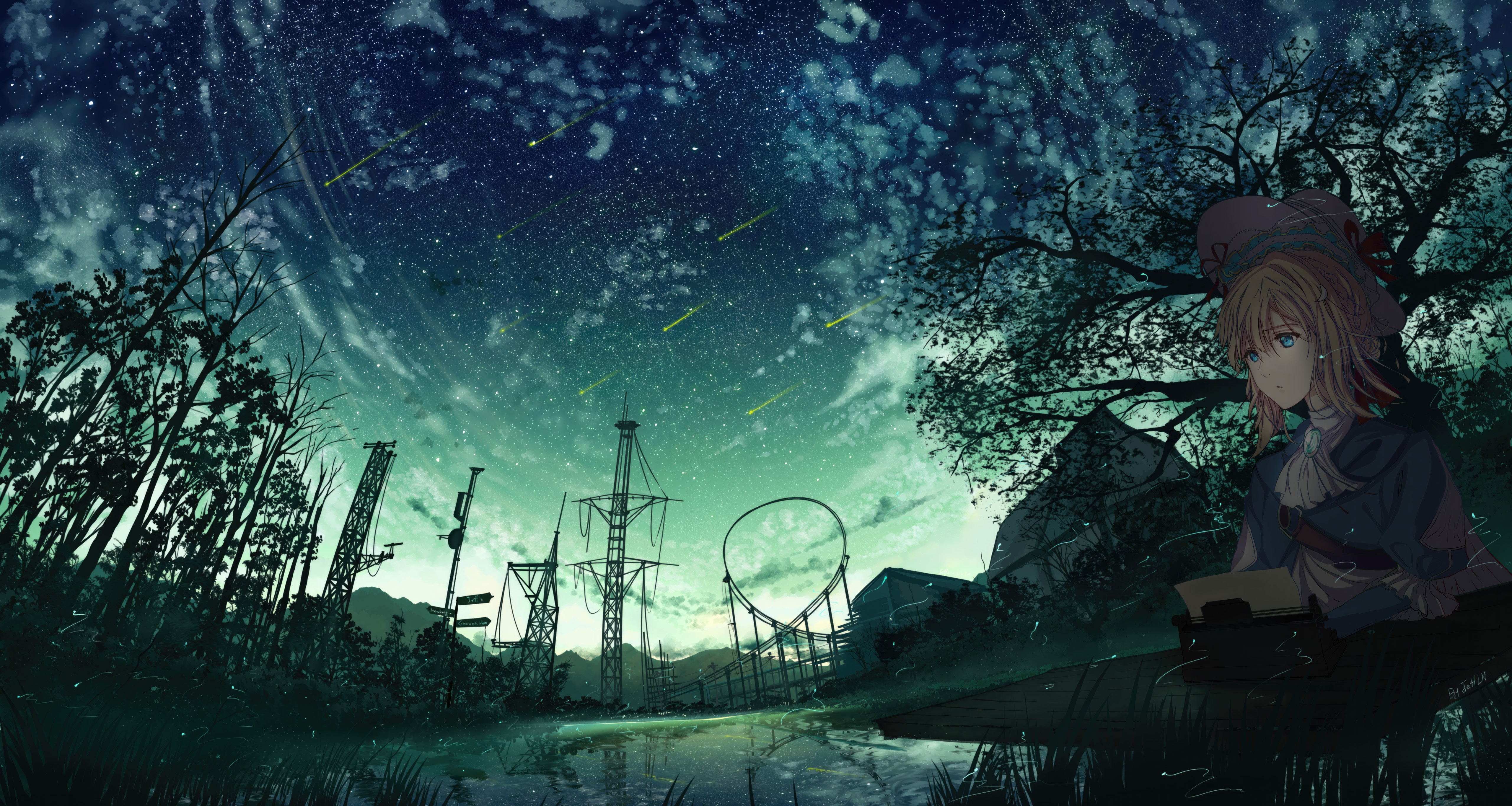 Violet Evergarden writing by a lake at night HD Wallpaper