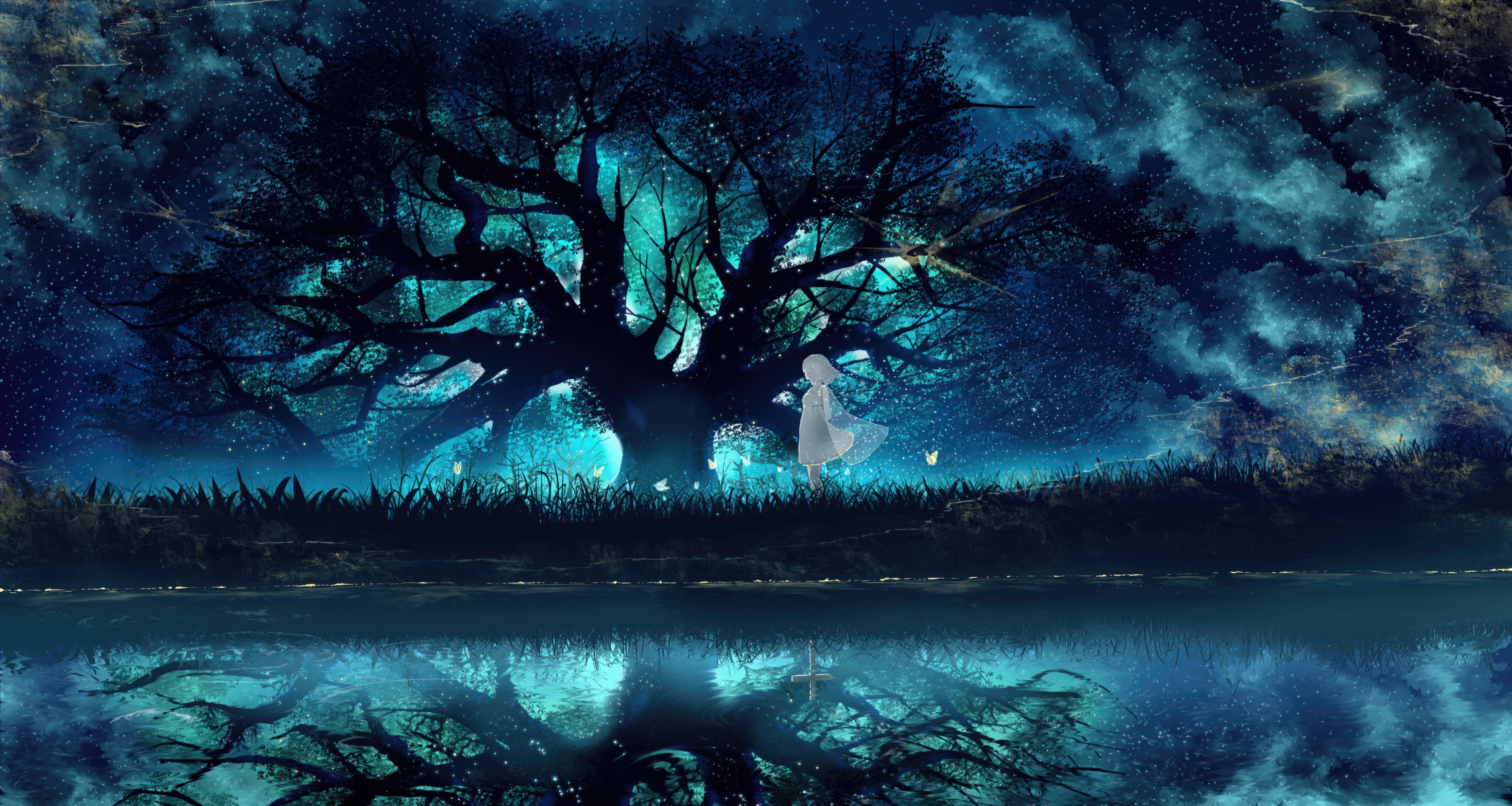 Enchanting Anime Girl Under a Mystical Tree HD Wallpaper