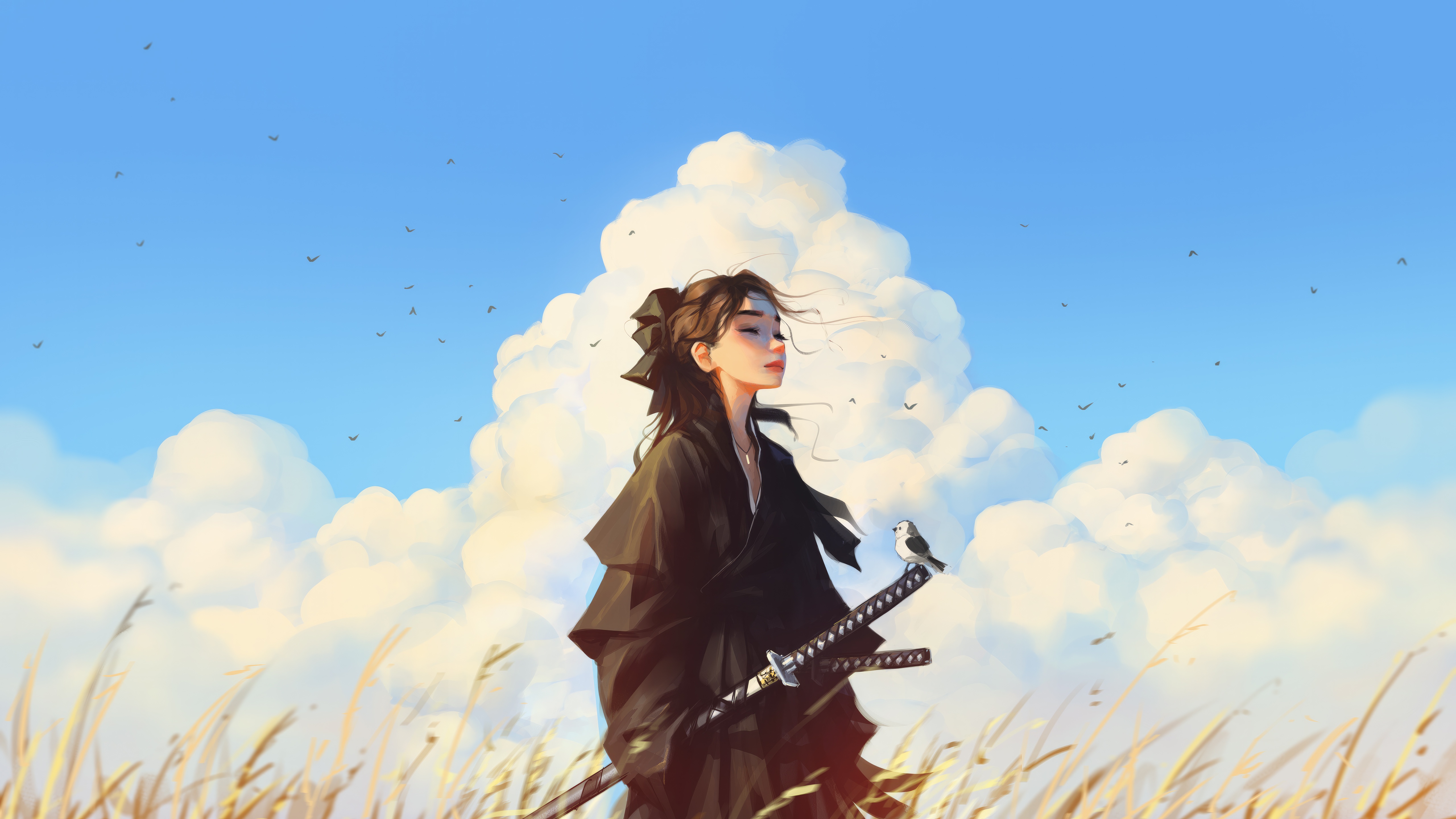 Woman with sword and bird in a field HD Wallpaper