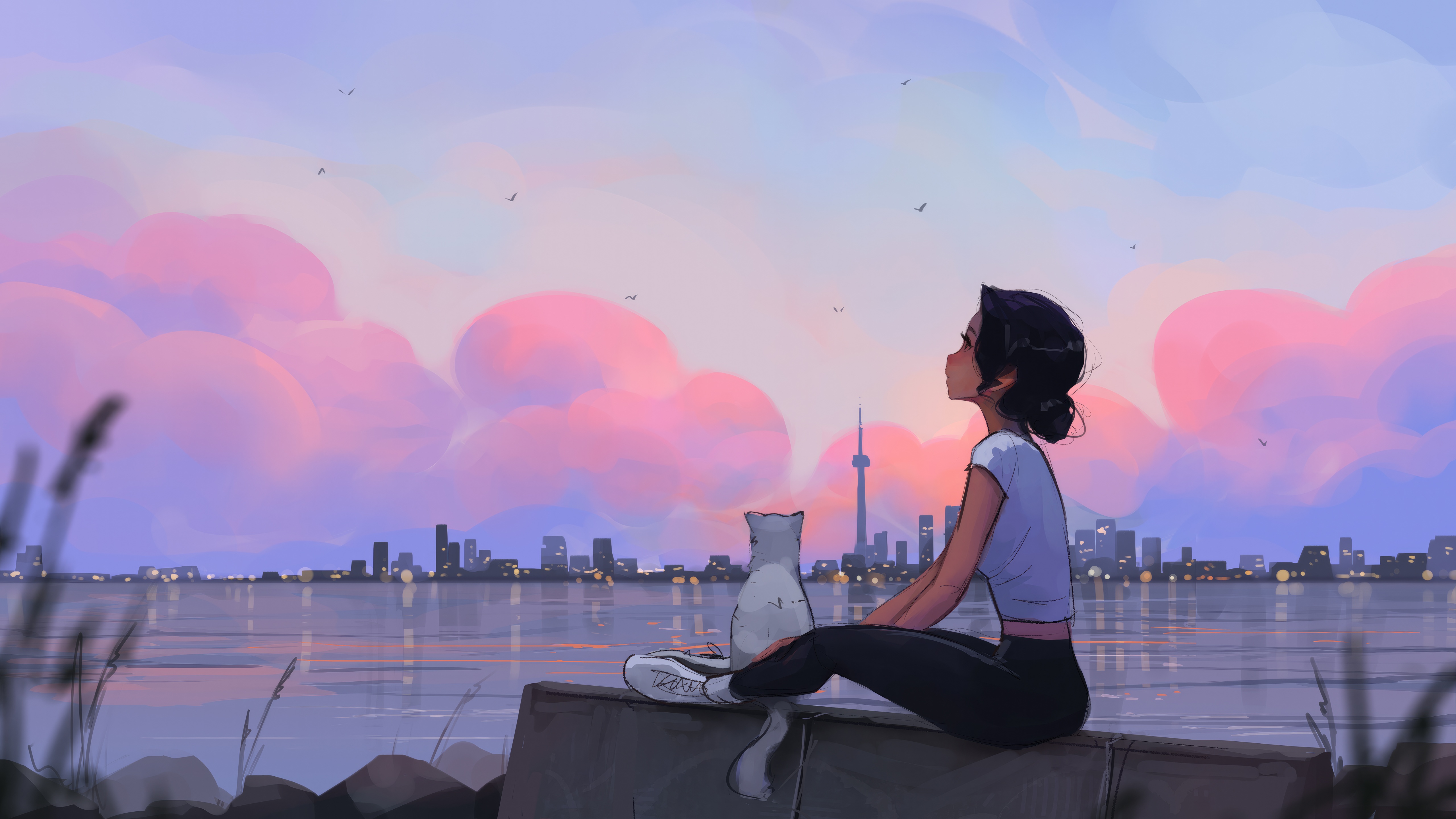 Girl and cat watch the sunset over a city skyline HD Wallpaper