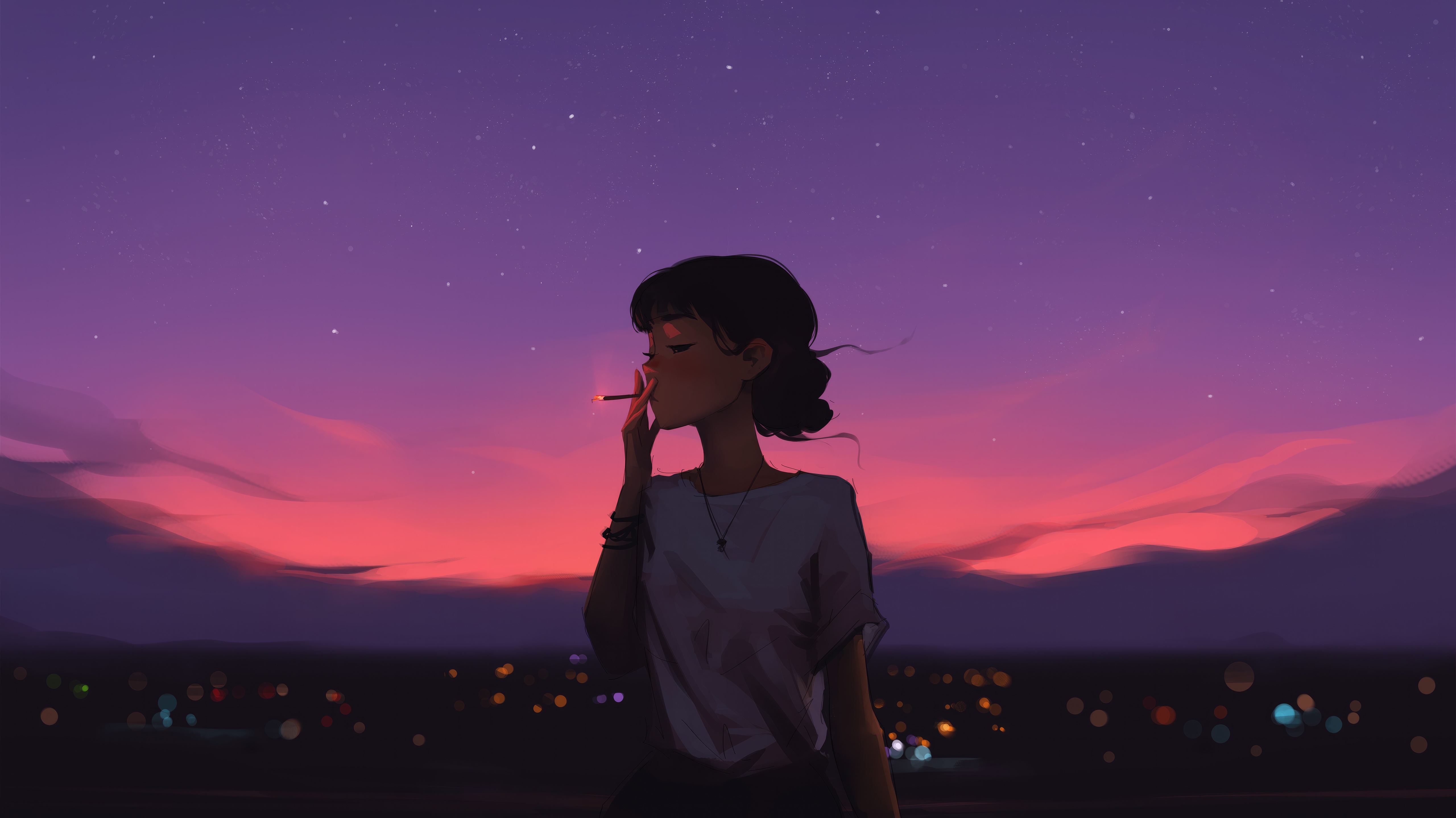 Girl smoking at sunset over city lights HD Wallpaper