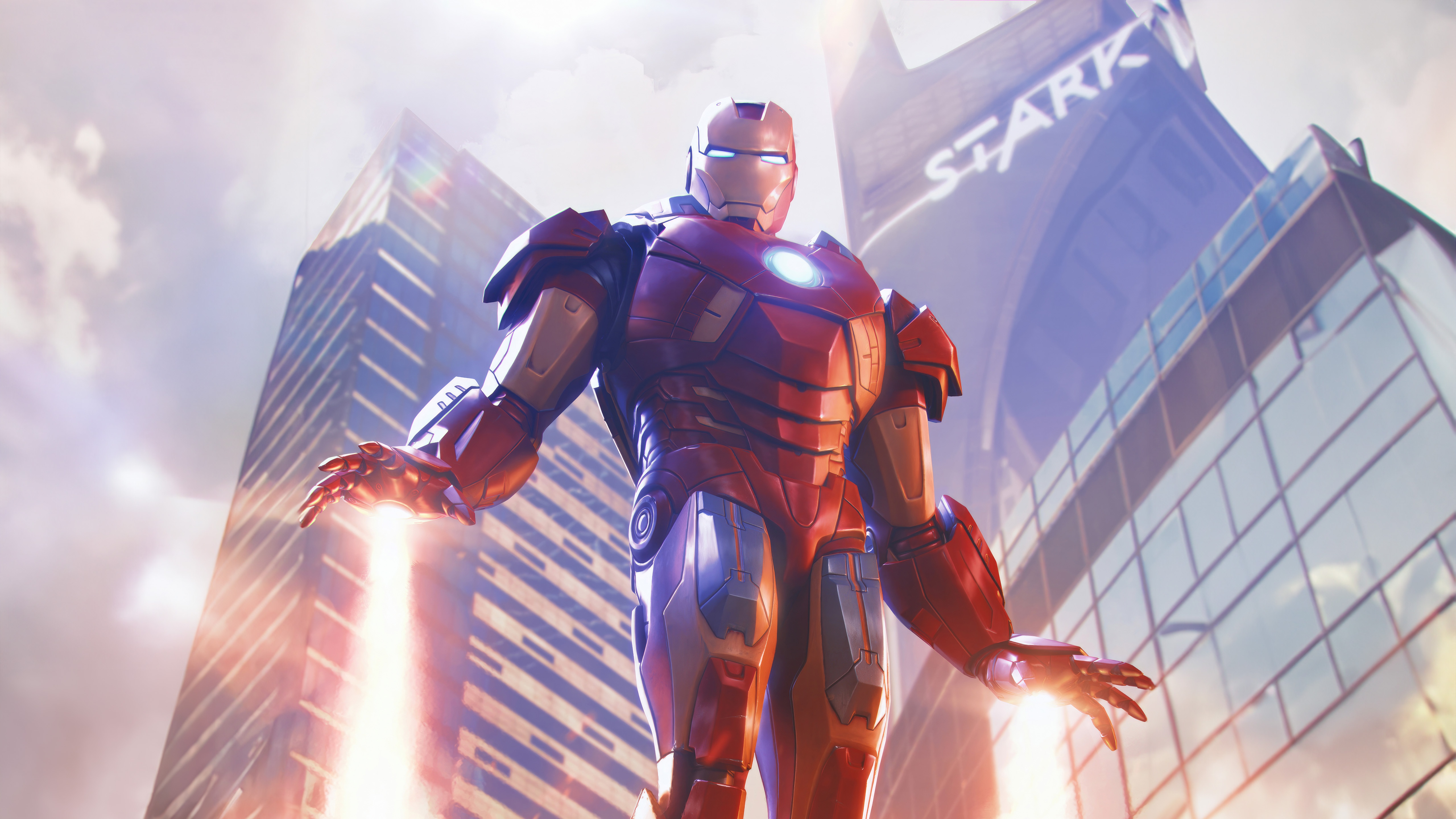 Iron Man in front of Stark Tower HD Wallpaper