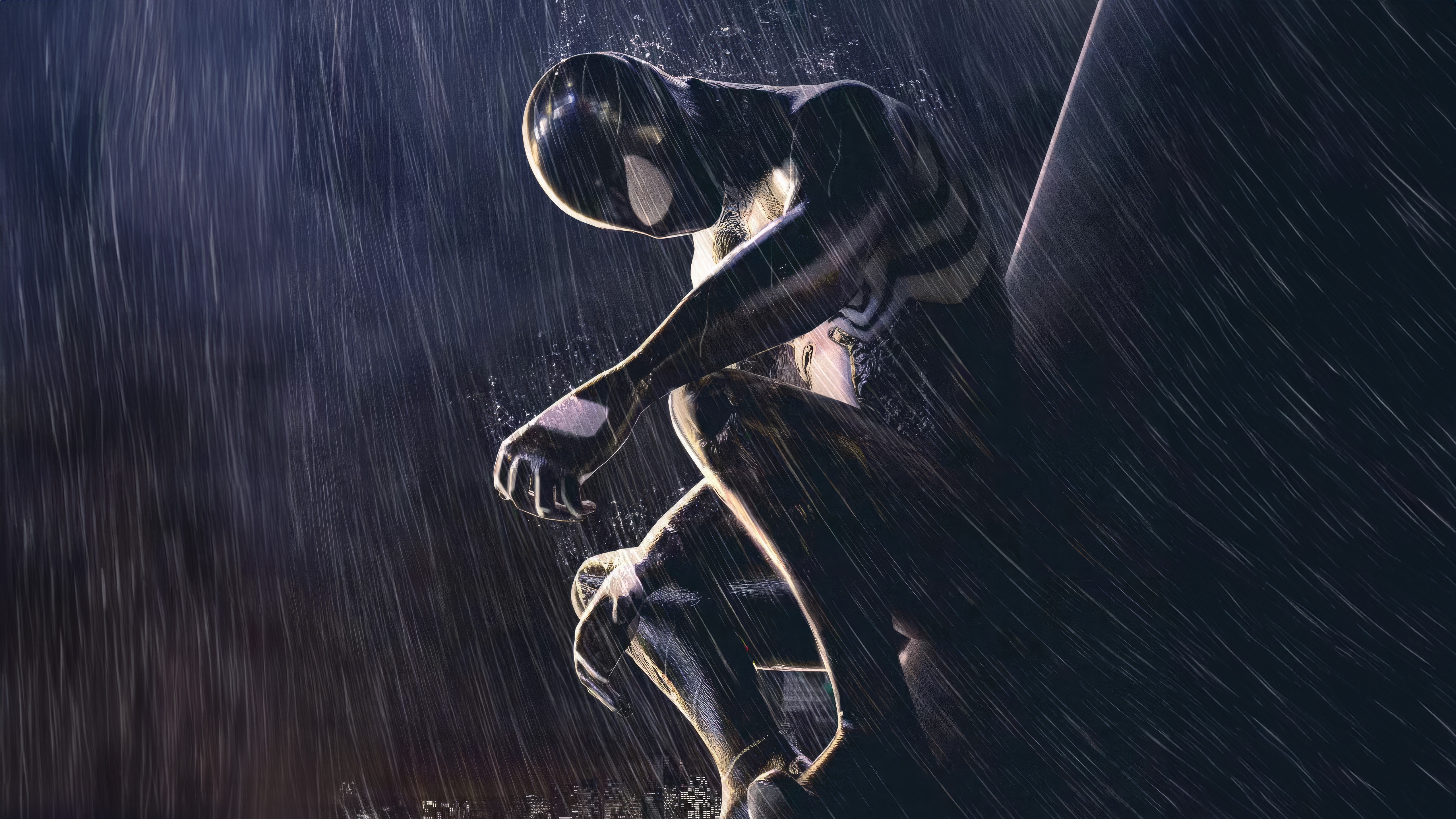 Symbiote Spider-Man sitting in the rain HD Wallpaper