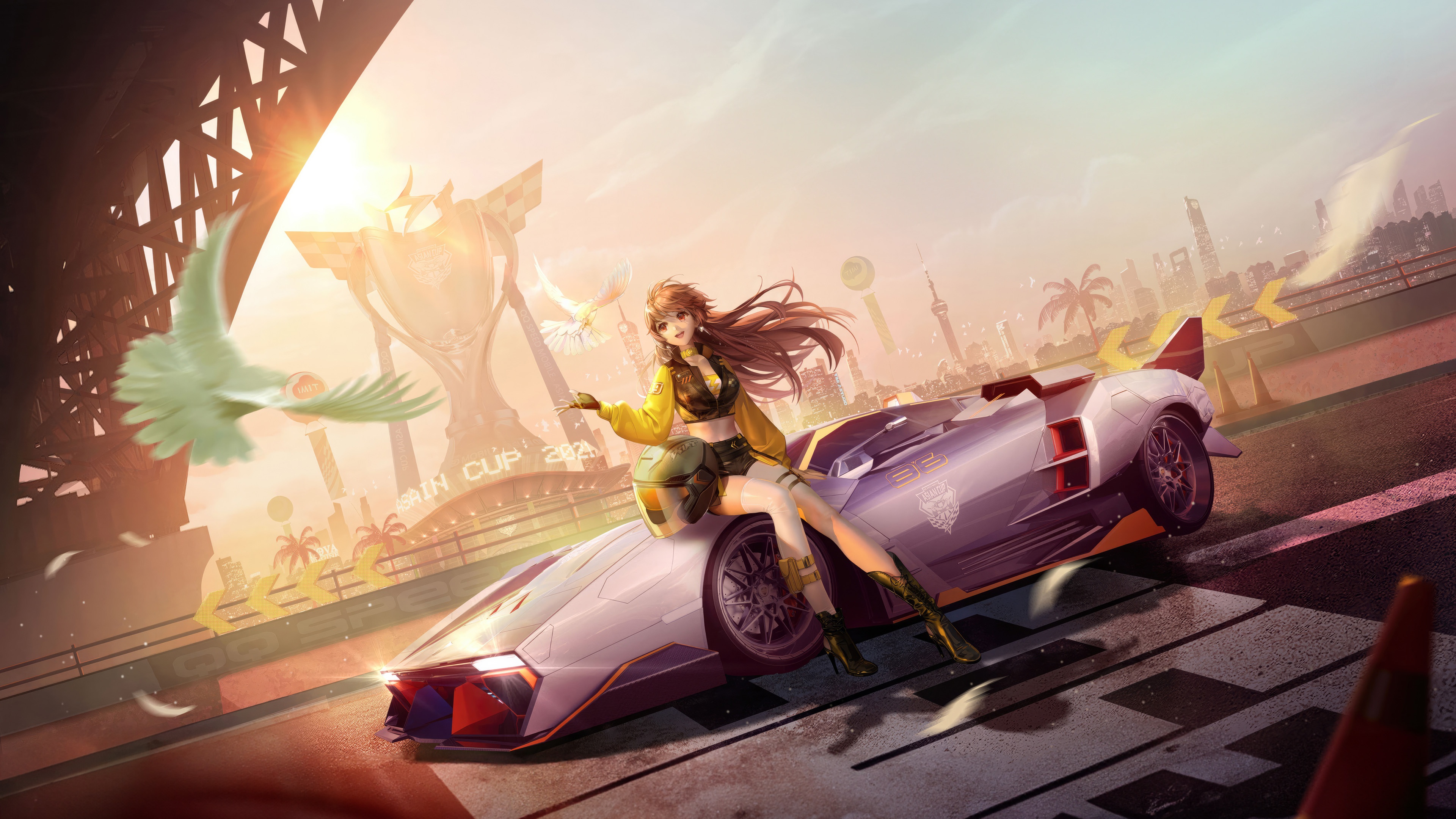 Speed Drifters Game: Girl on a futuristic car with trophy HD Wallpaper