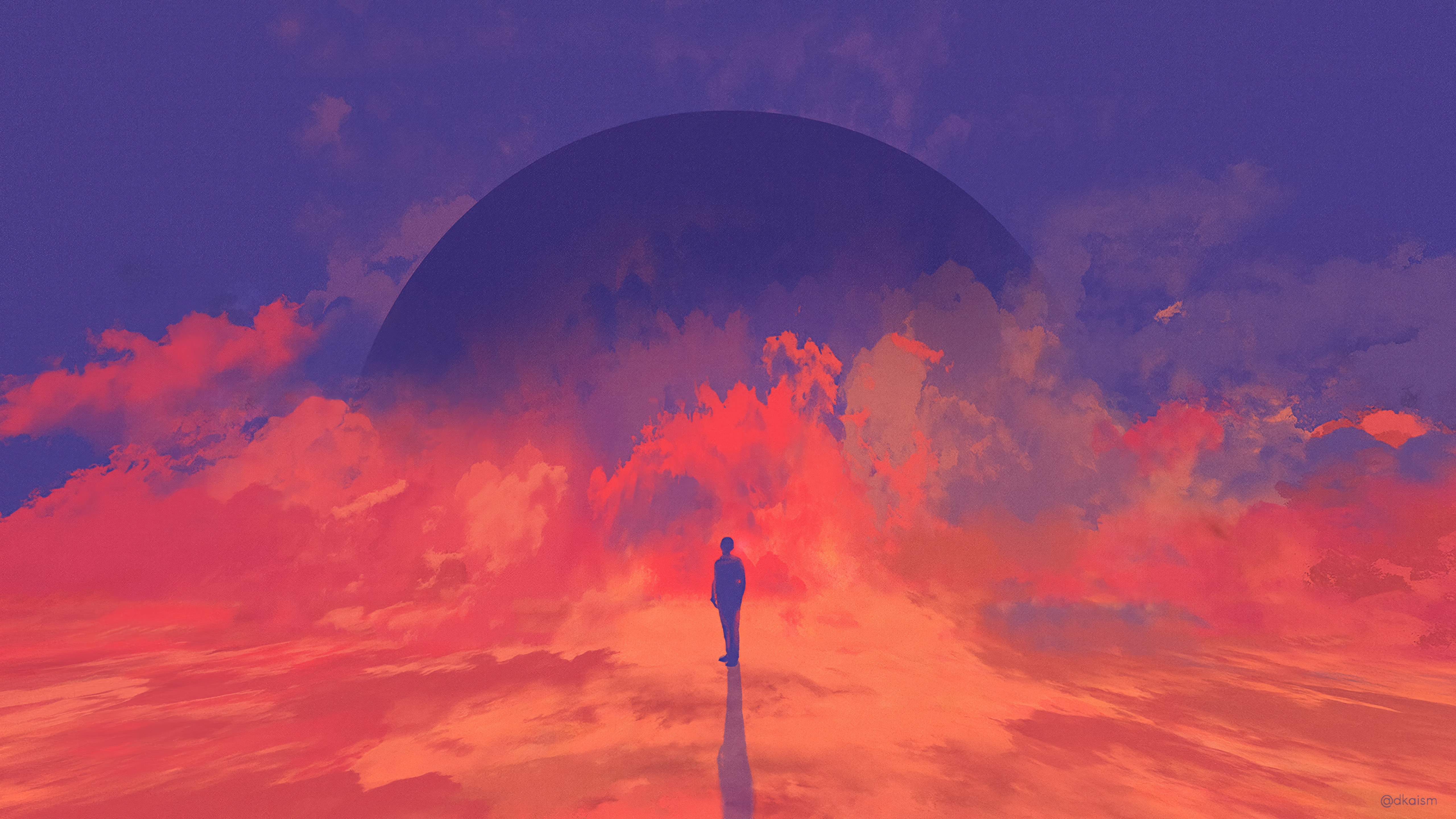 Sci-fi planet rise with a lone figure HD Wallpaper
