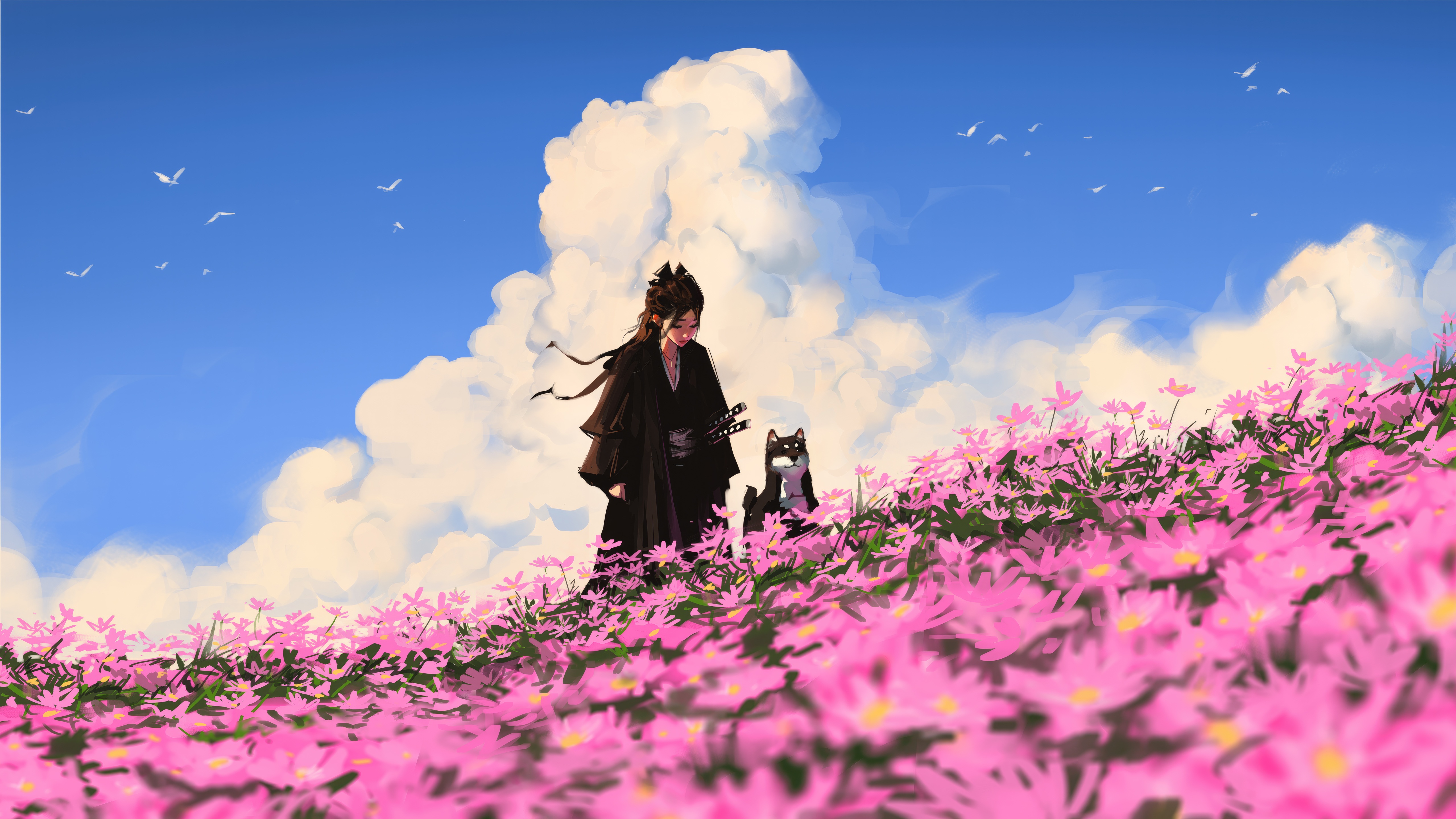 Anime girl and dog in a field of pink flowers HD Wallpaper
