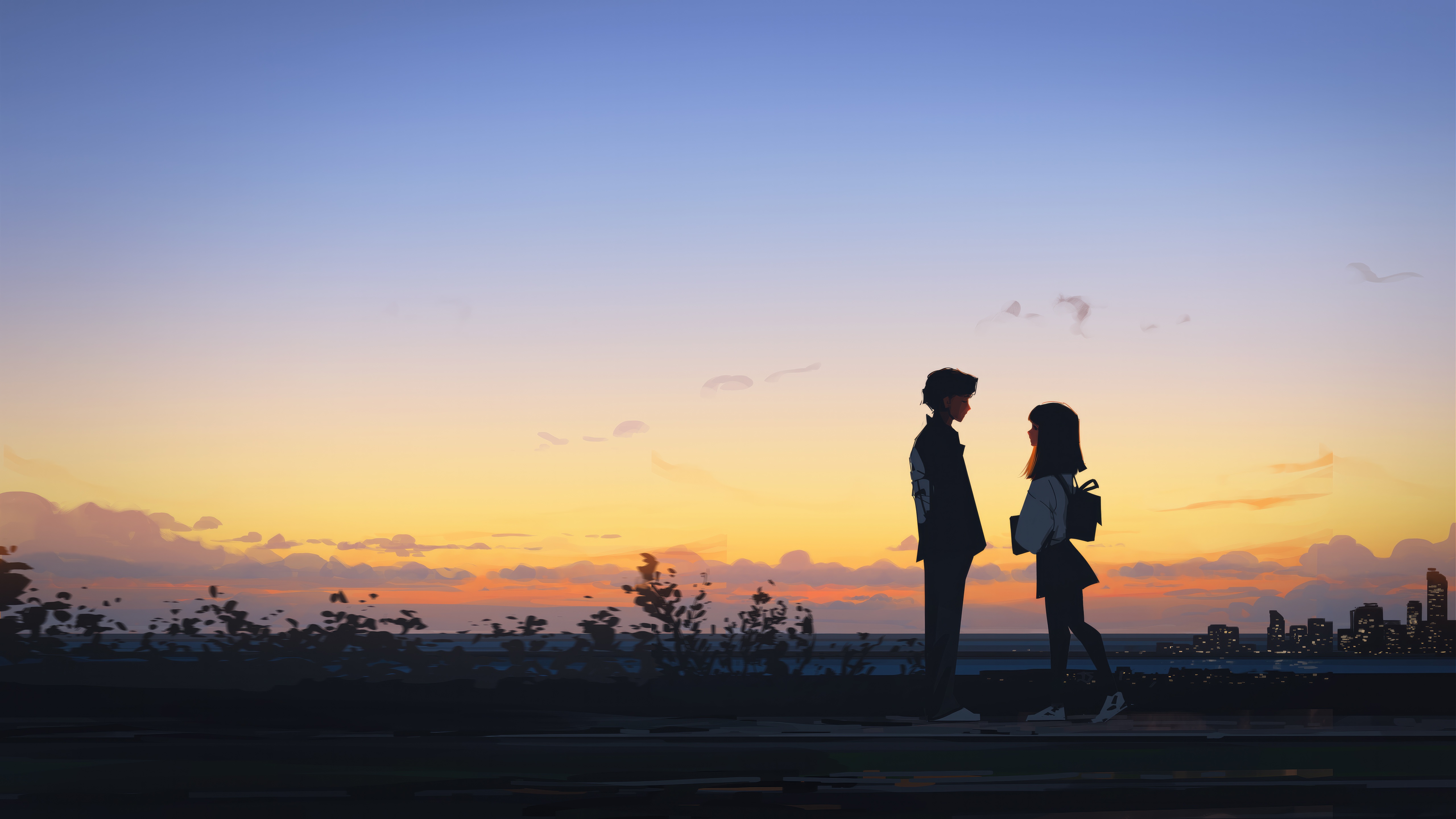 Boy and Girl Silhouetted Against a Sunset Horizon HD Wallpaper