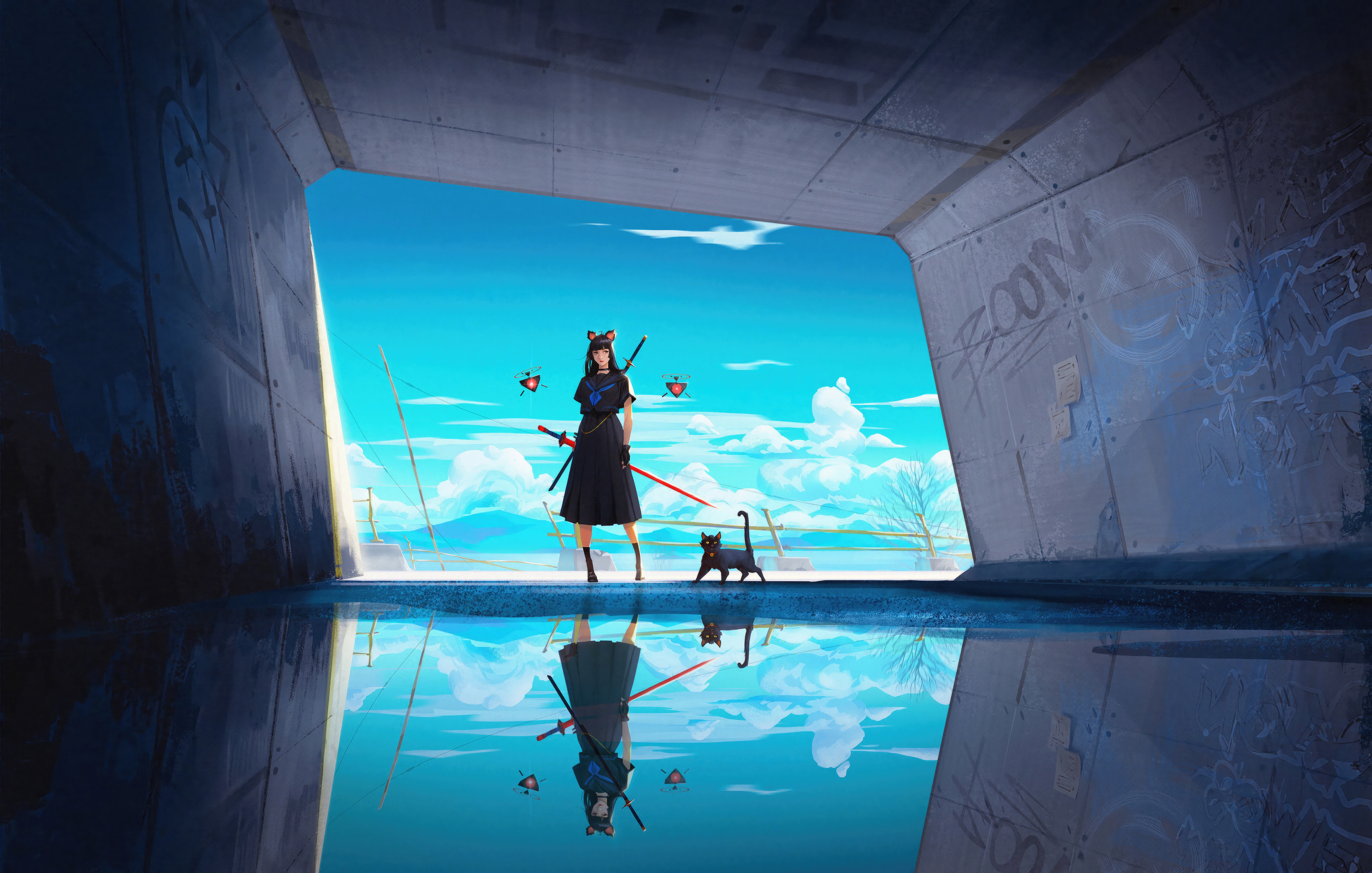 Magical Girl With Scarlet Blade and Black Cat HD Wallpaper
