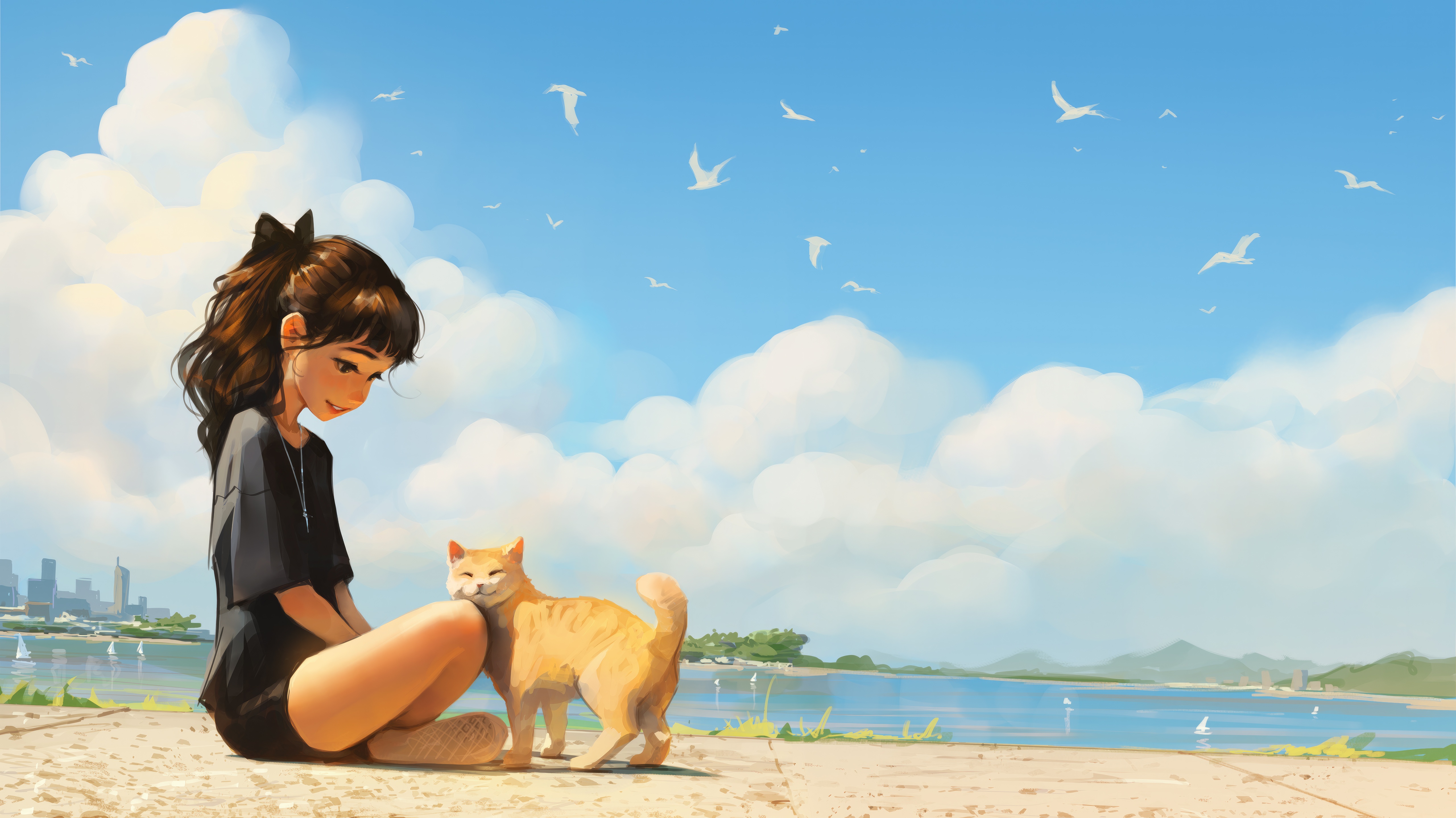 Anime girl and cat on a sunny beach day HD Wallpaper