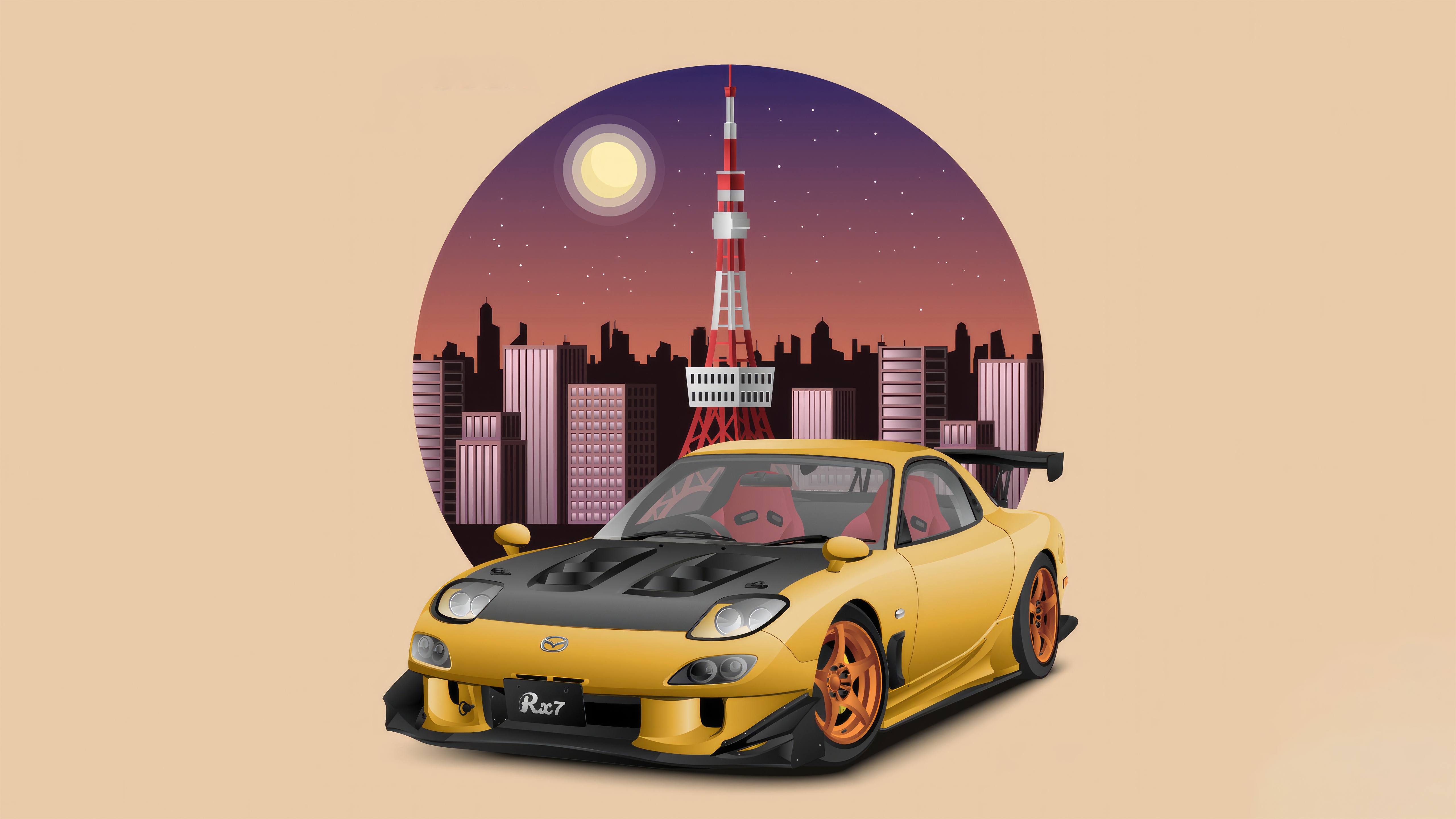 Yellow Mazda RX-7 with Tokyo Tower in the background HD Wallpaper