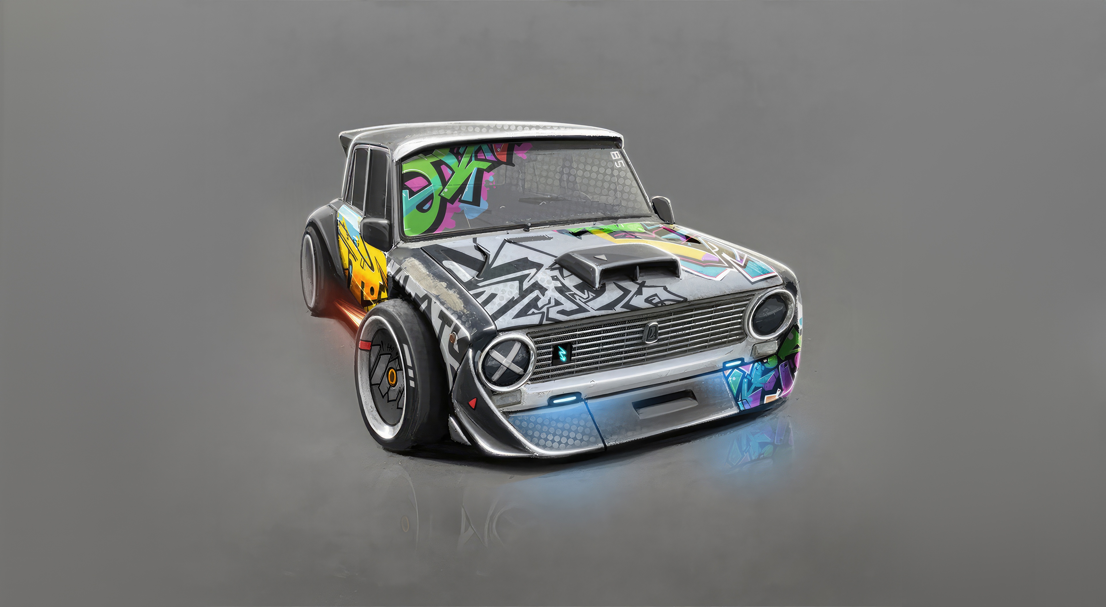 Graffiti-covered modified car with racing modifications HD Wallpaper