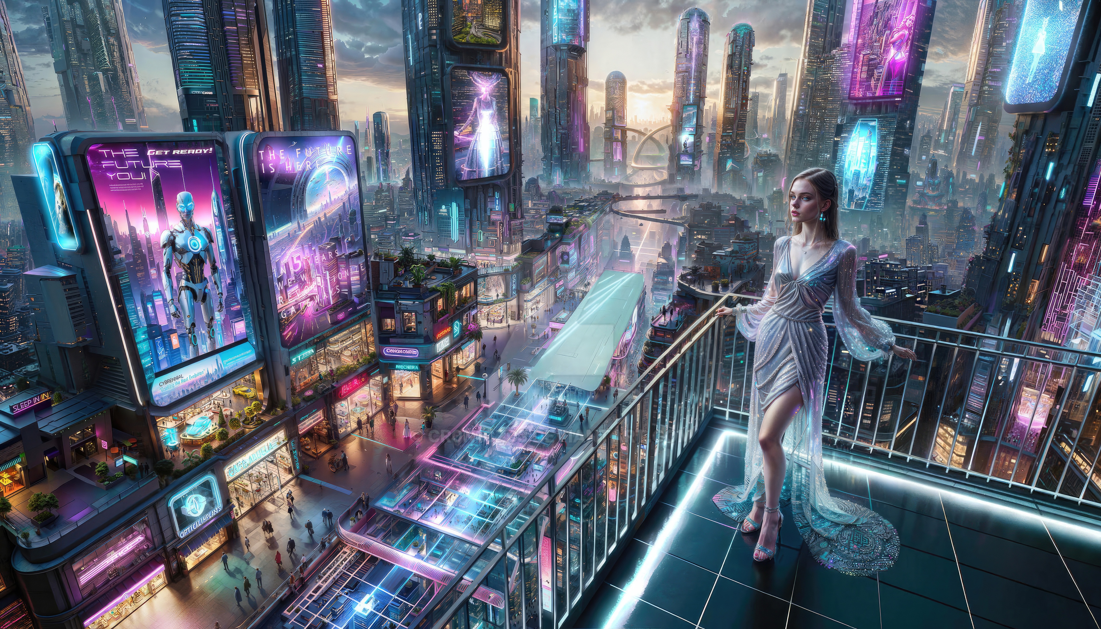 A woman in a neon fantasy sci-fi world HD Wallpaper