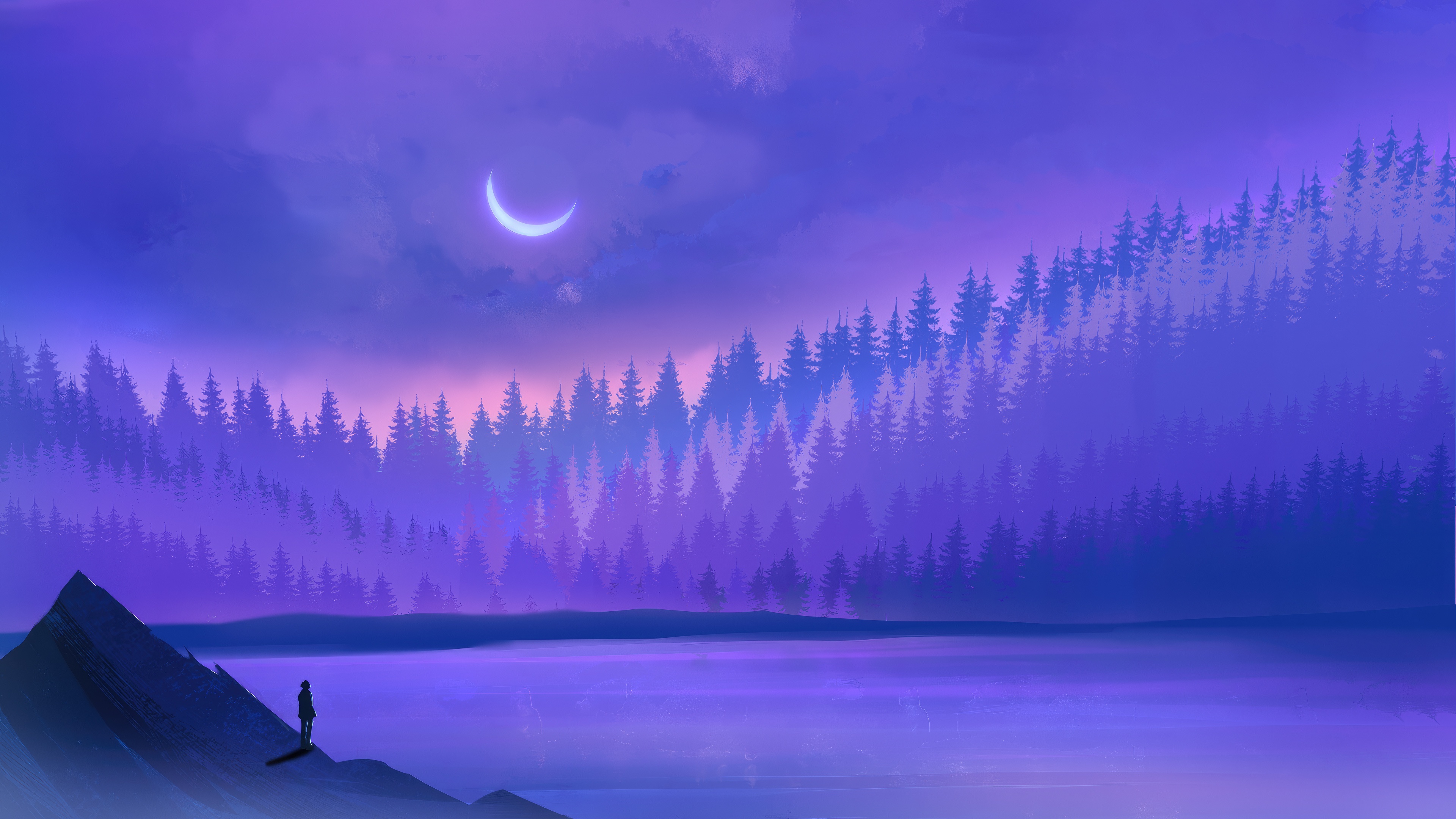A lone figure stands on a mountain overlooking a forest under a crescent moon. HD Wallpaper