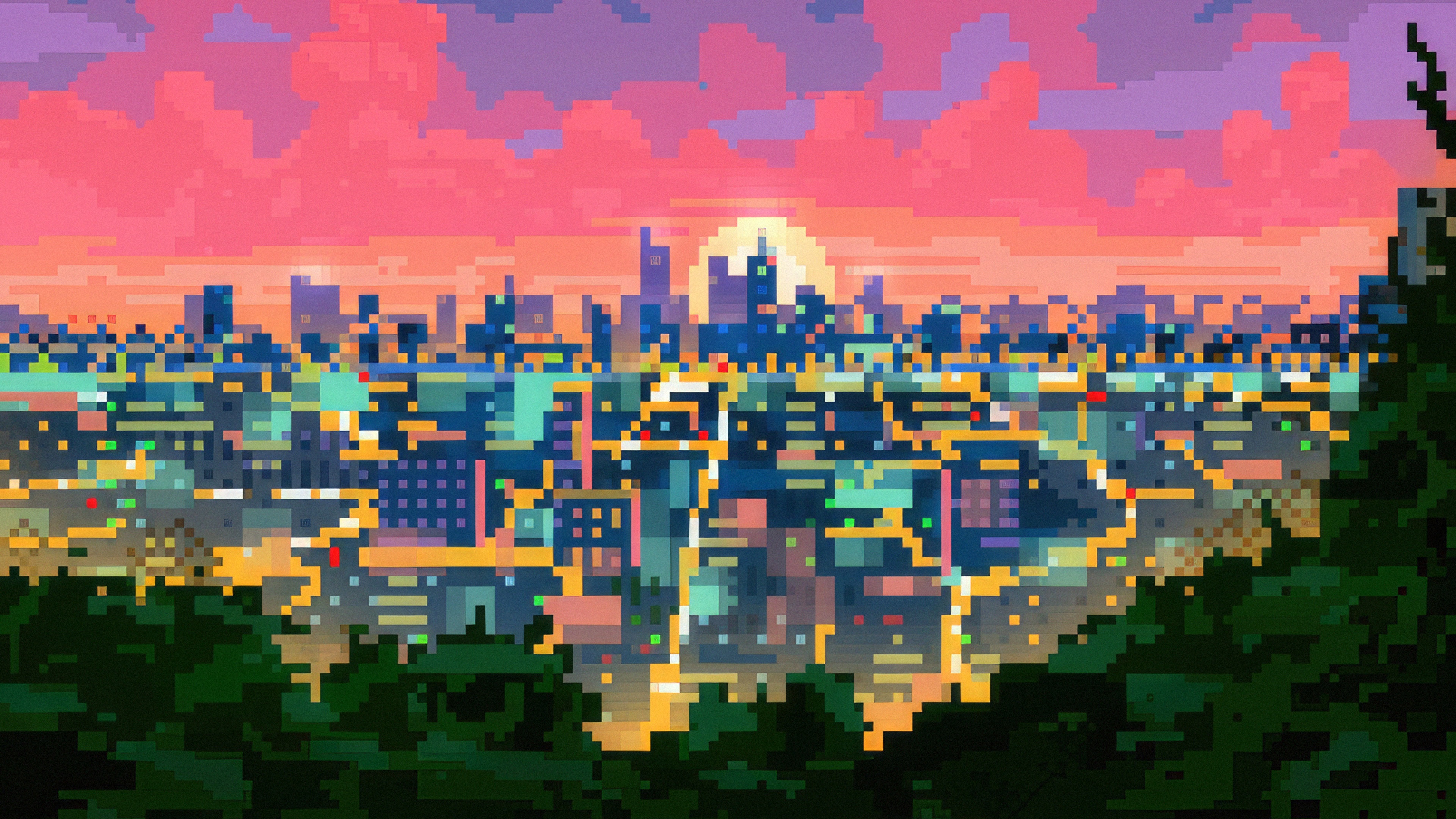 Pixel City at Sunset with Pink Clouds HD Wallpaper
