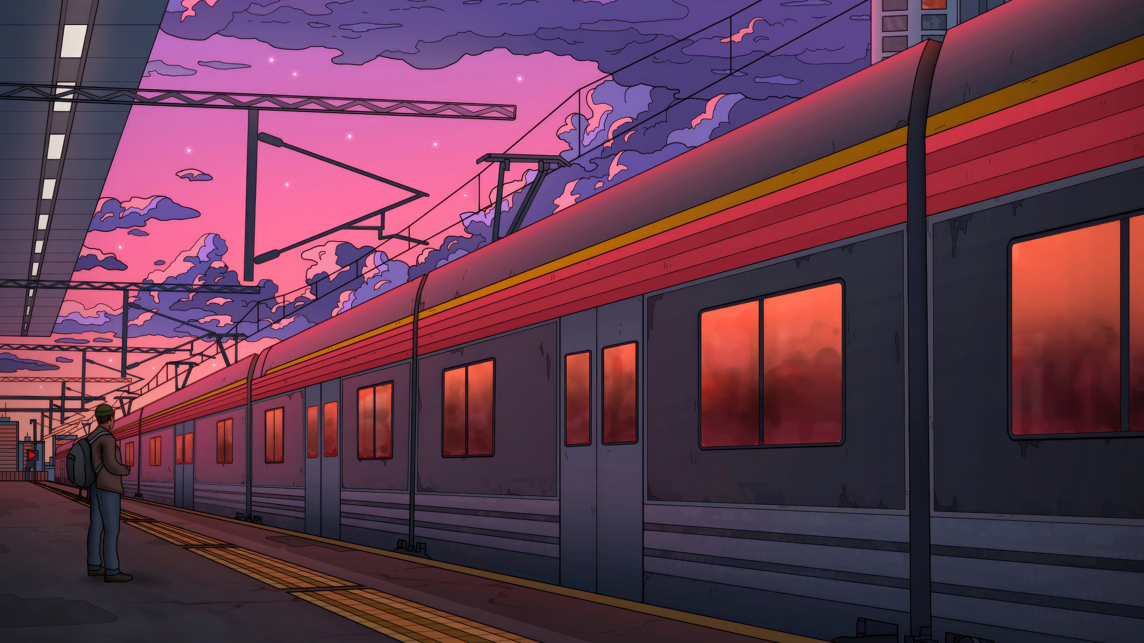 Man on train platform at sunset HD Wallpaper