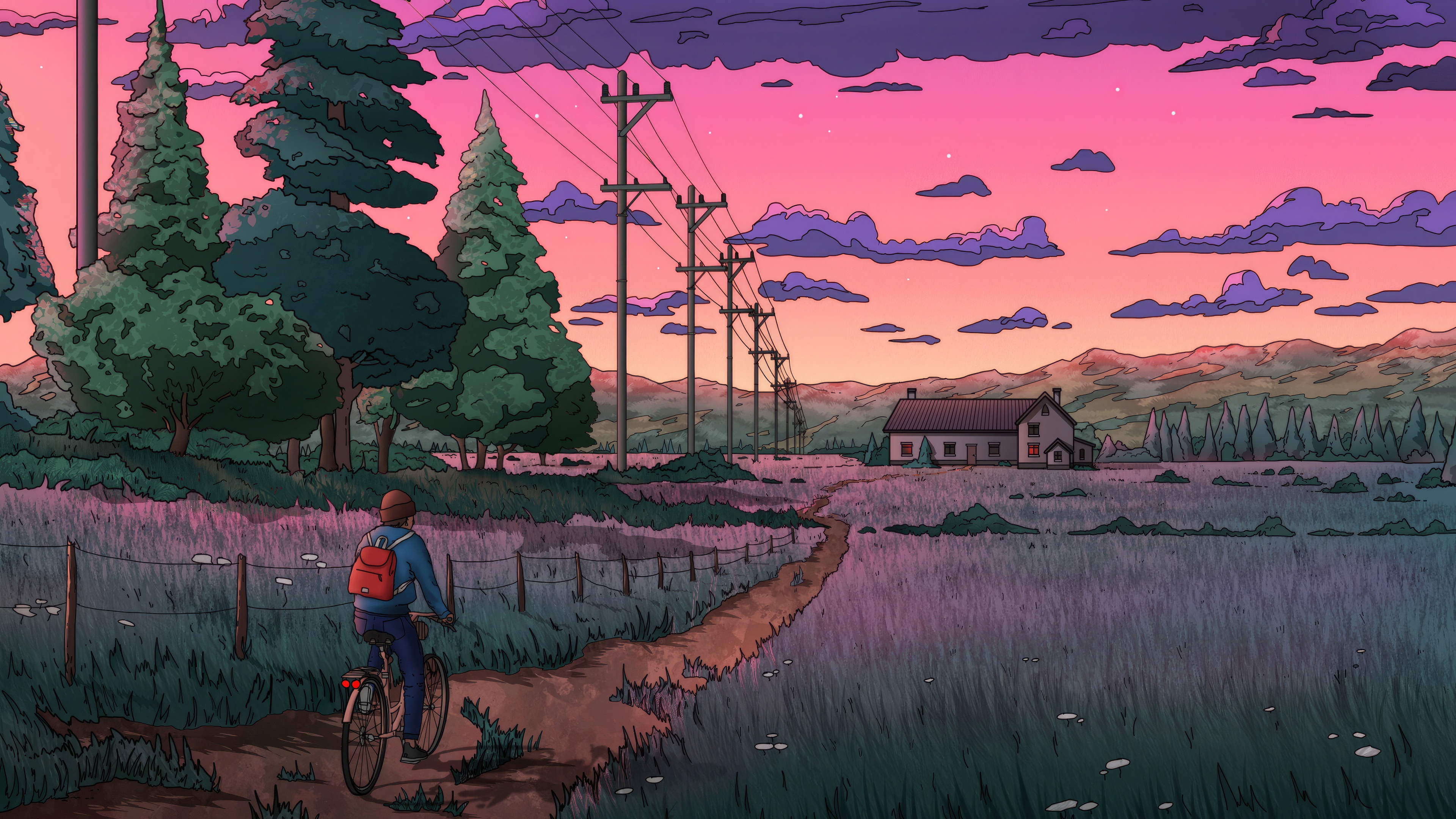Person biking on a path towards a house at sunset HD Wallpaper