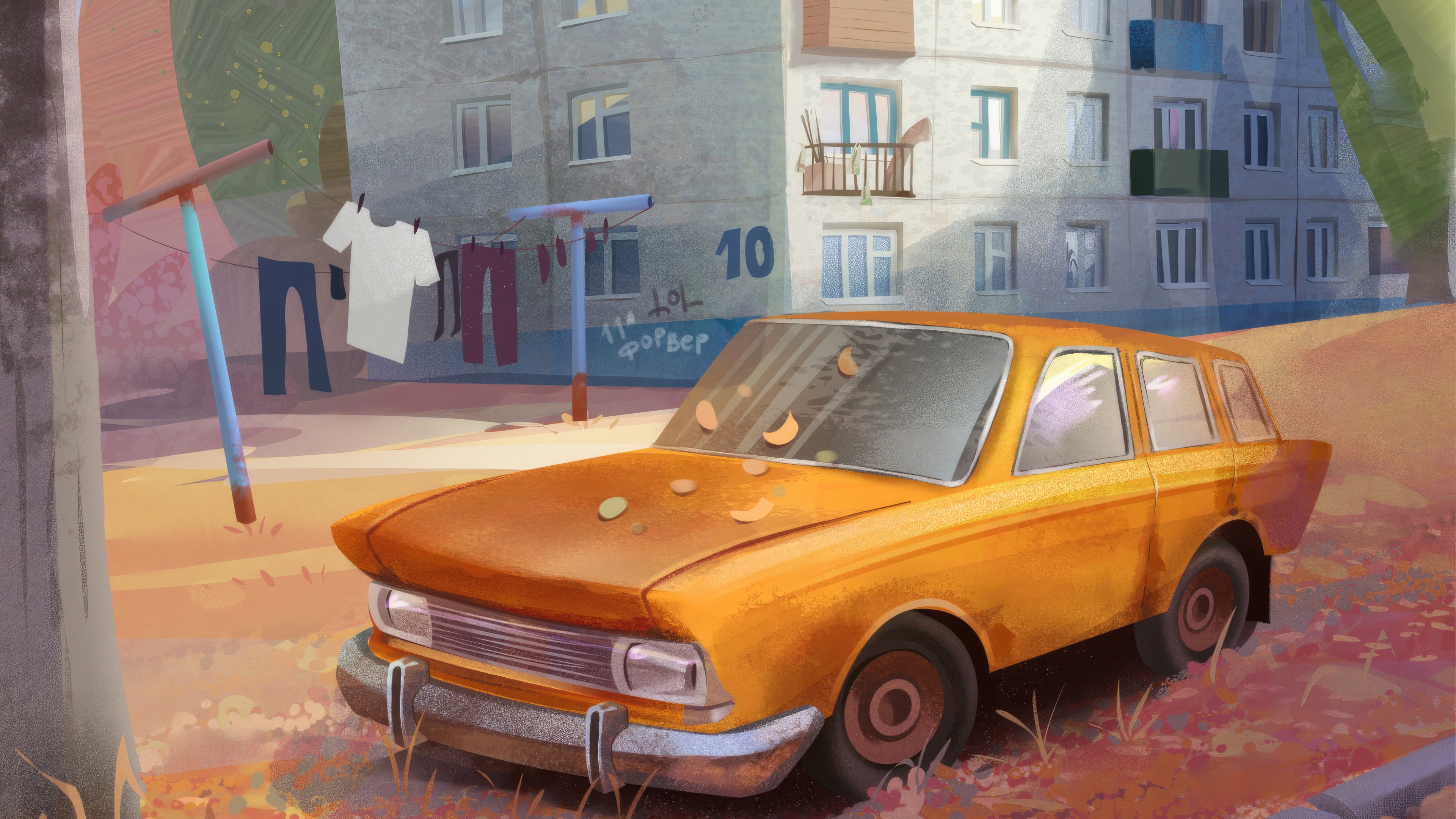 Orange car parked near apartment building with laundry HD Wallpaper