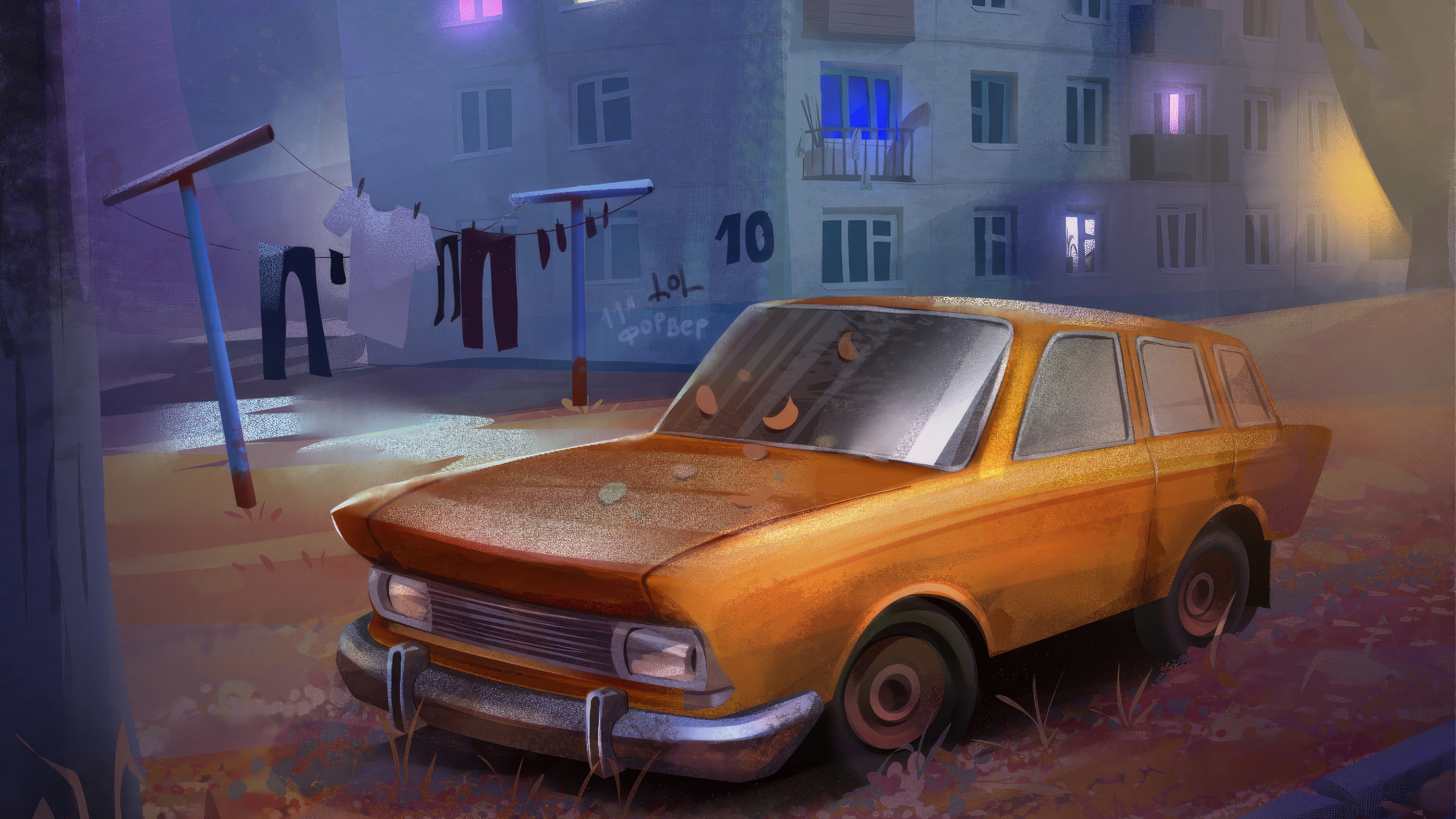 Orange car parked in front of an apartment building at dusk HD Wallpaper