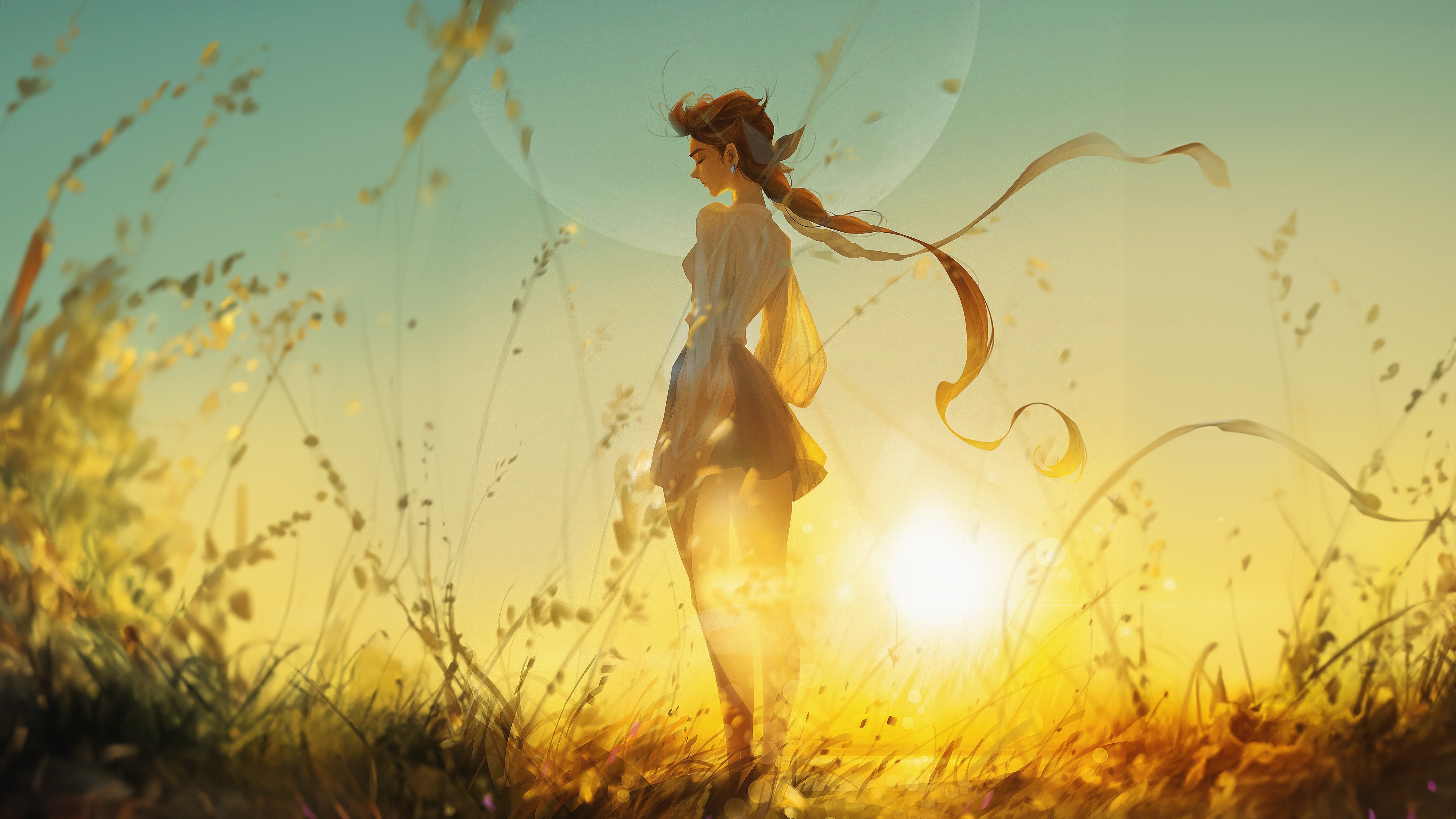 Fairy in a sunlit meadow with flowing ribbons HD Wallpaper