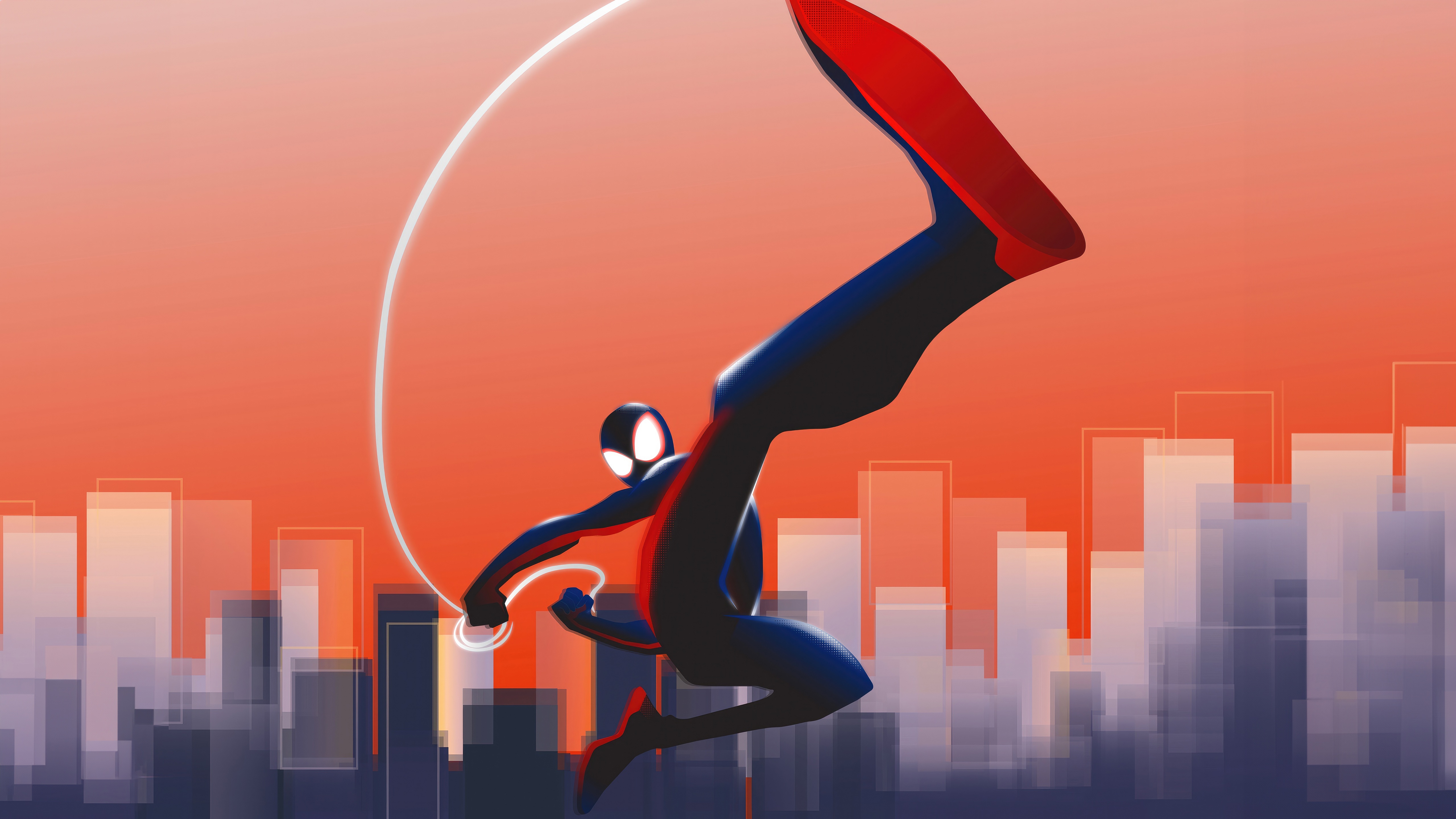 Spider-Man swinging over a city skyline at sunset HD Wallpaper