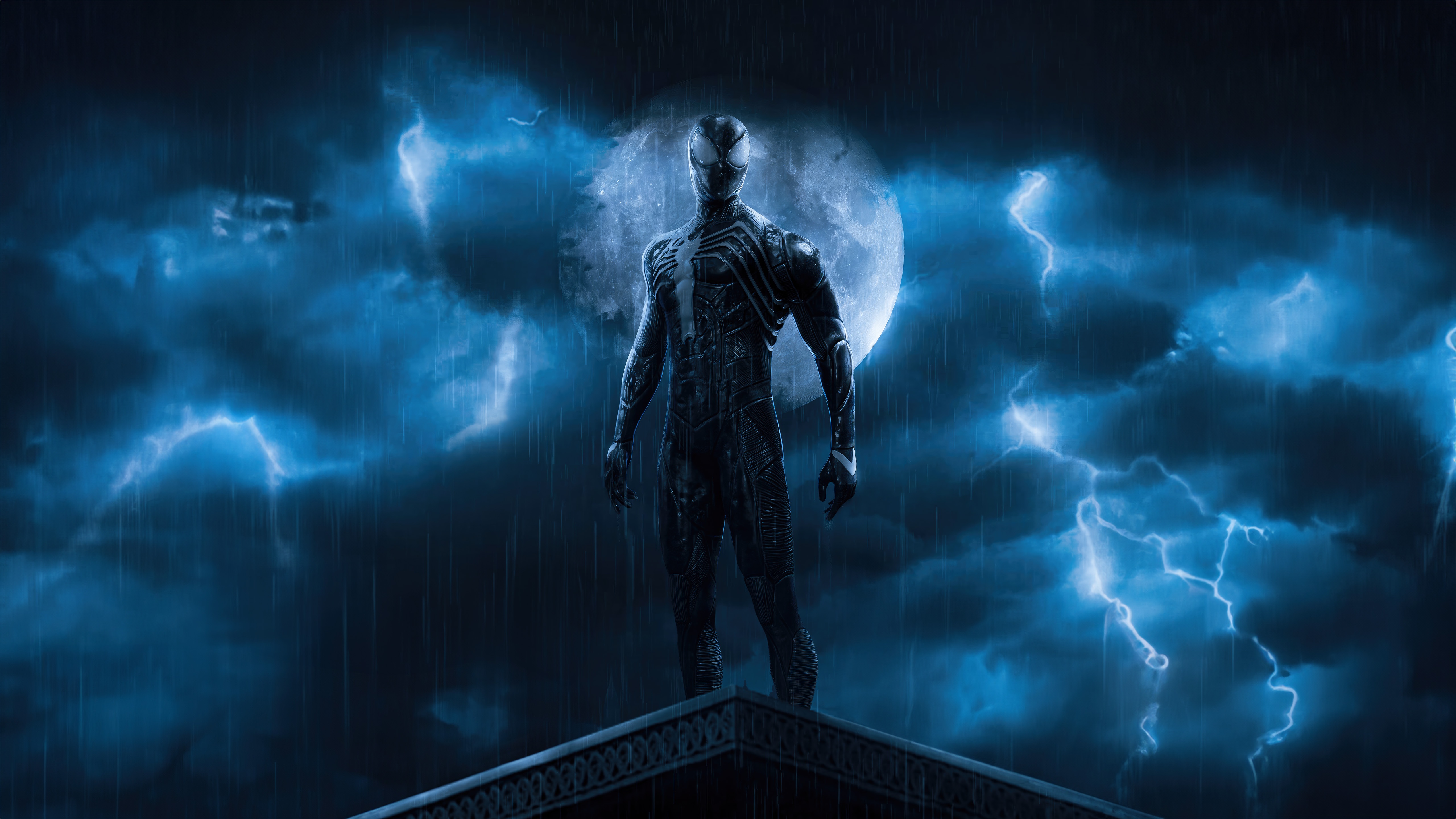 Symbiote Spider-Man Standing on a Rooftop During a Storm HD Wallpaper