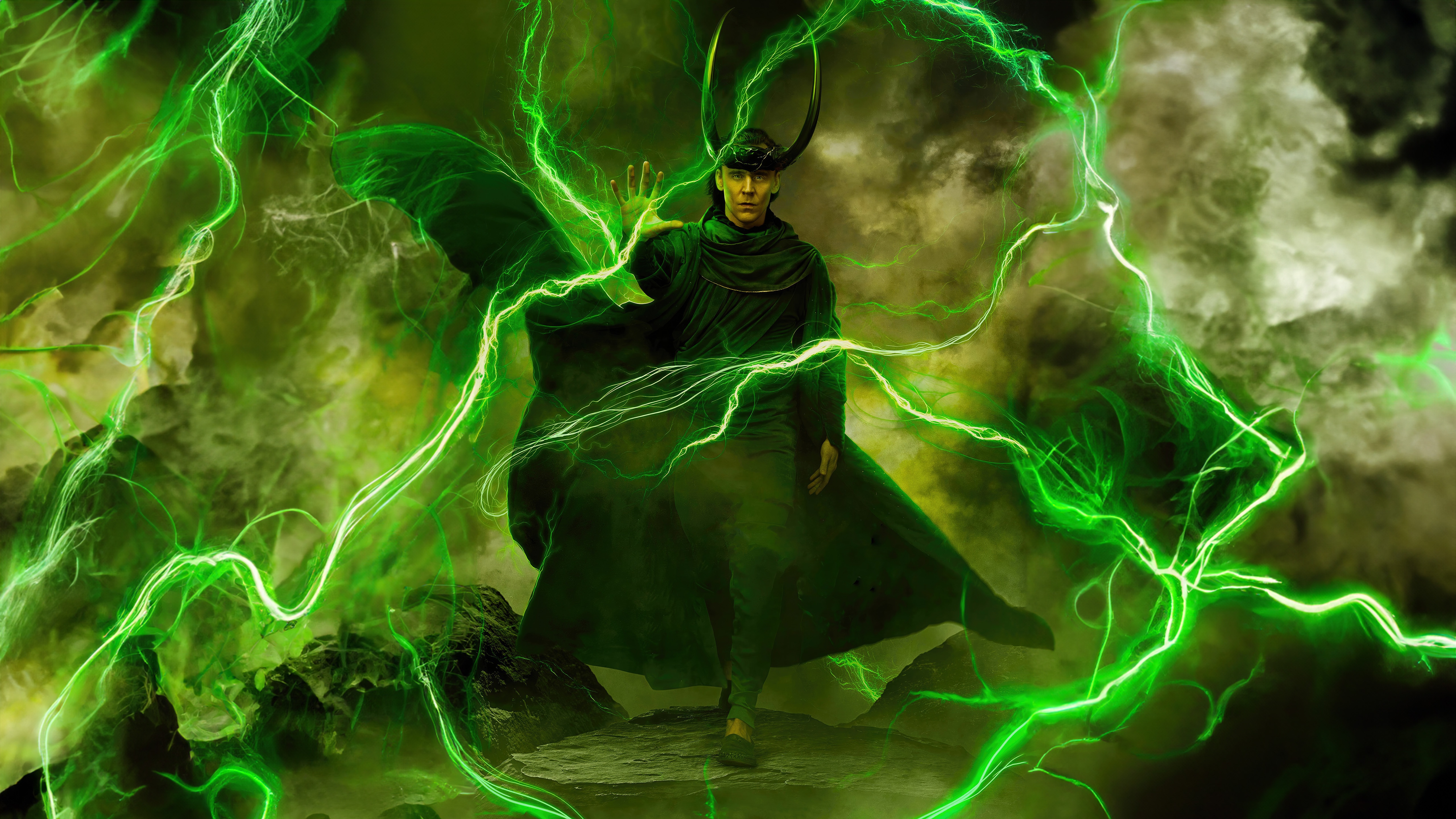 Loki God of Mischief surrounded by green lightning HD Wallpaper