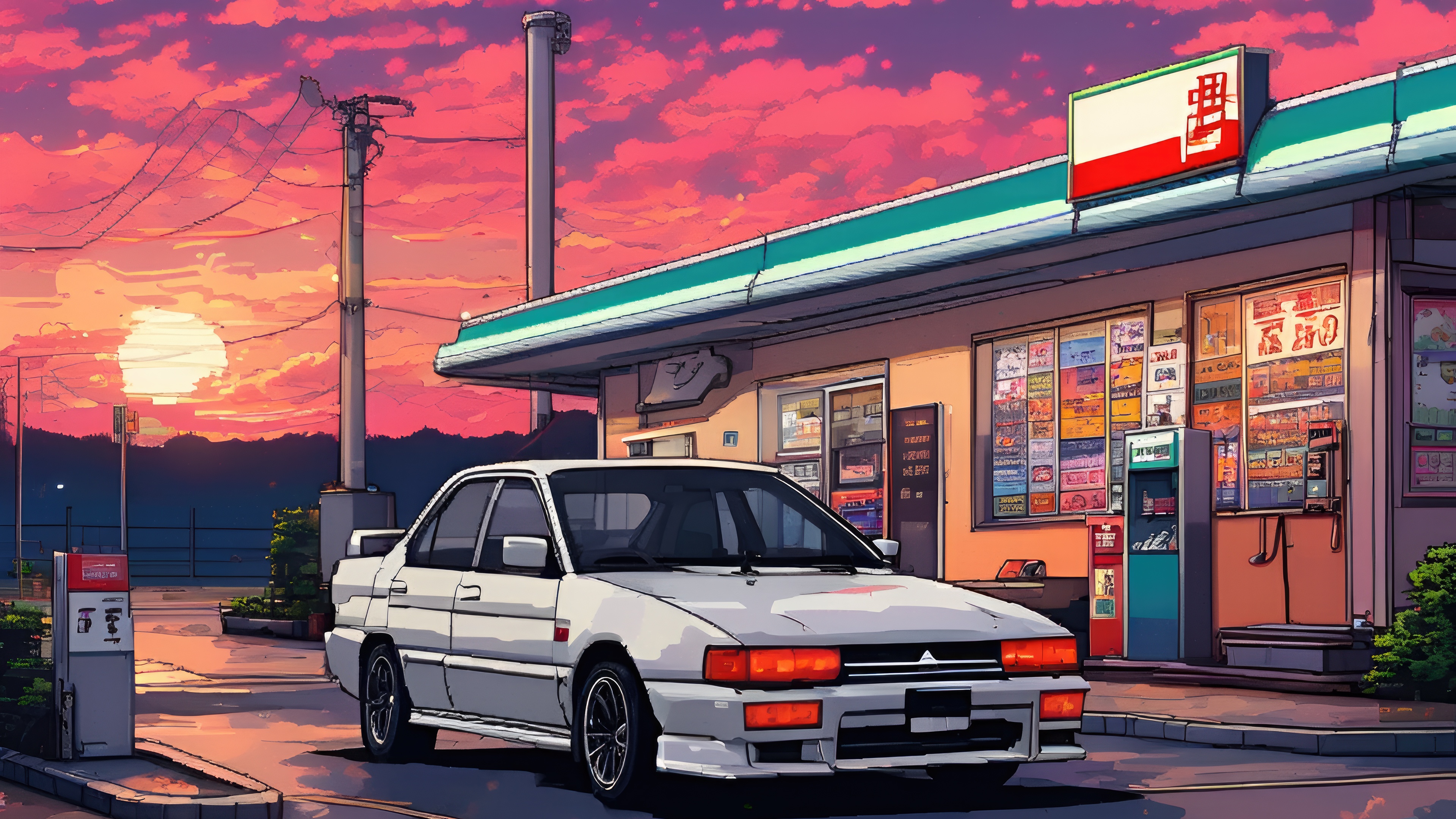 Mitsubishi Lancer at a convenience store at sunset HD Wallpaper