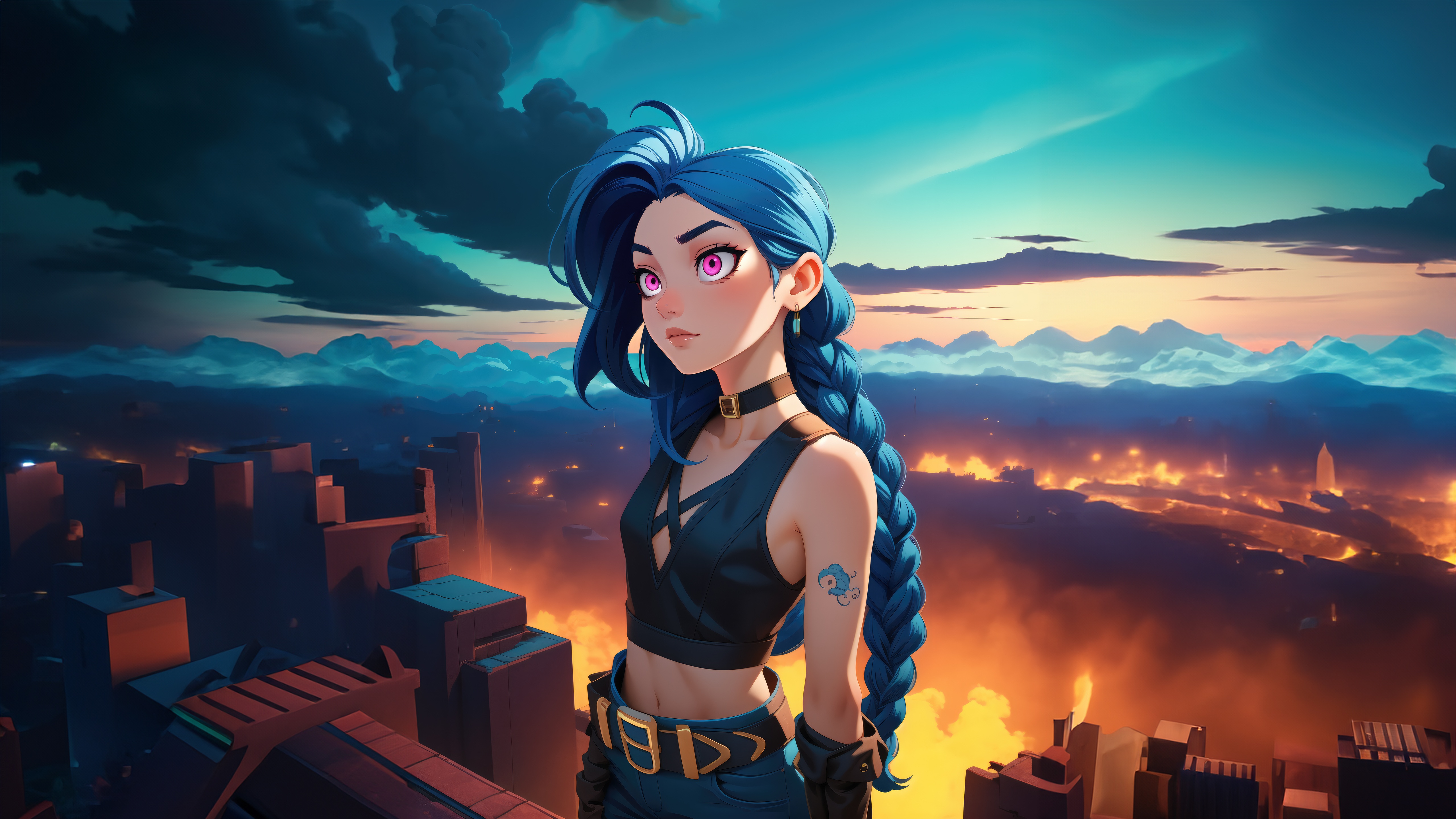Jinx from Arcane overlooking a burning city HD Wallpaper