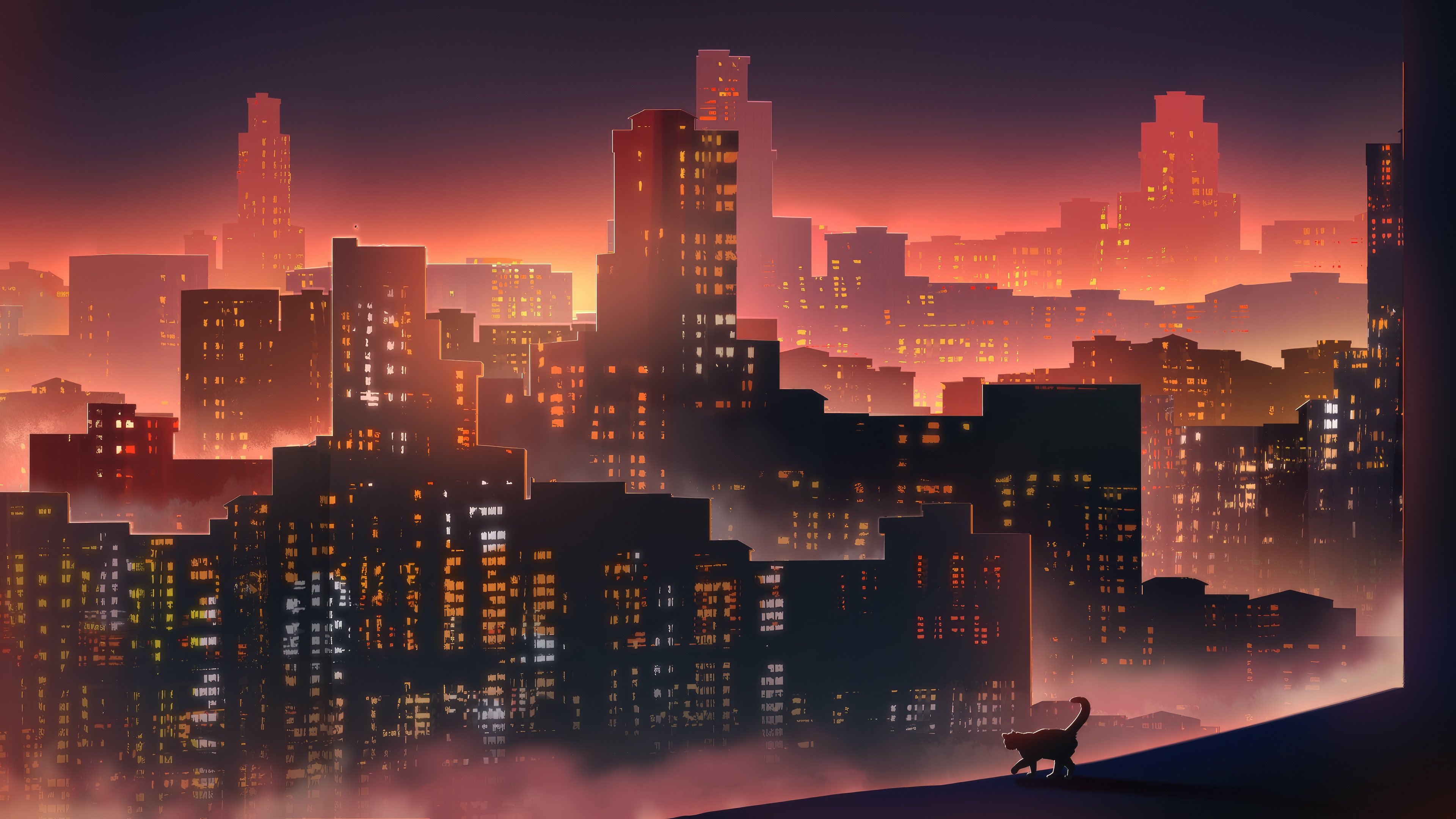 Cat in a foggy city at sunset HD Wallpaper