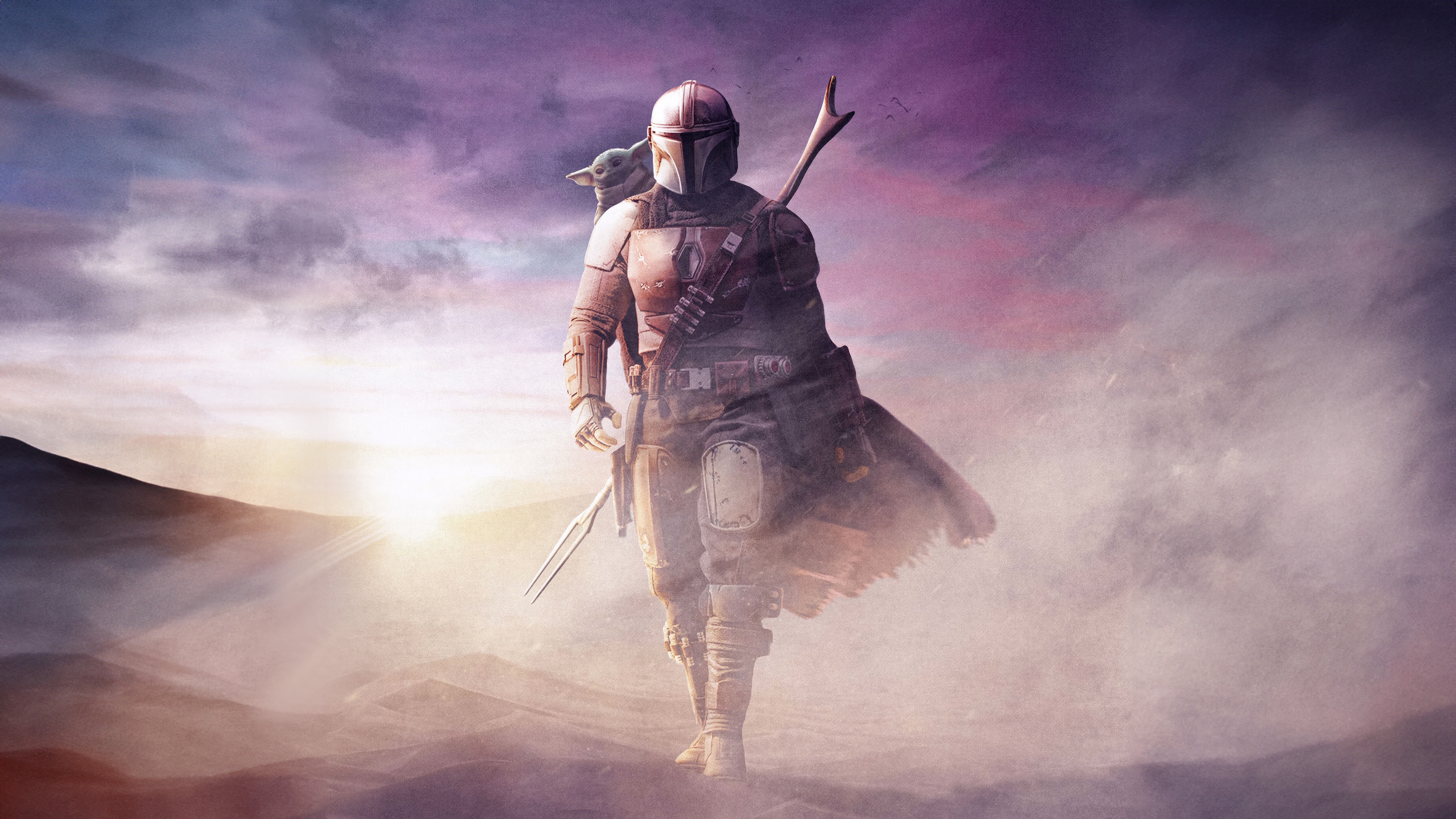 The Mandalorian and Grogu in a desert landscape HD Wallpaper