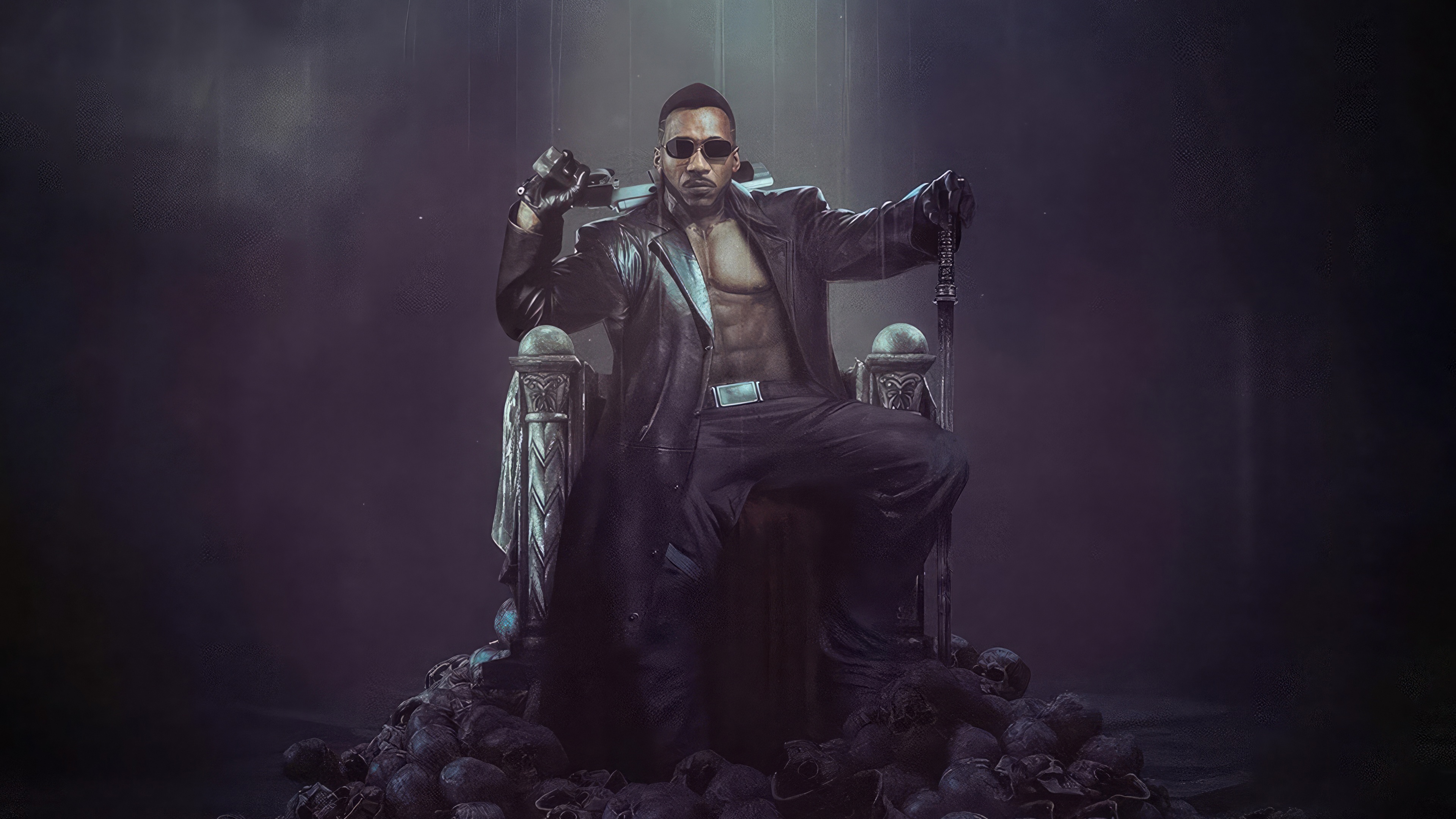 Mahershala Ali as Blade sitting on a throne of skulls HD Wallpaper