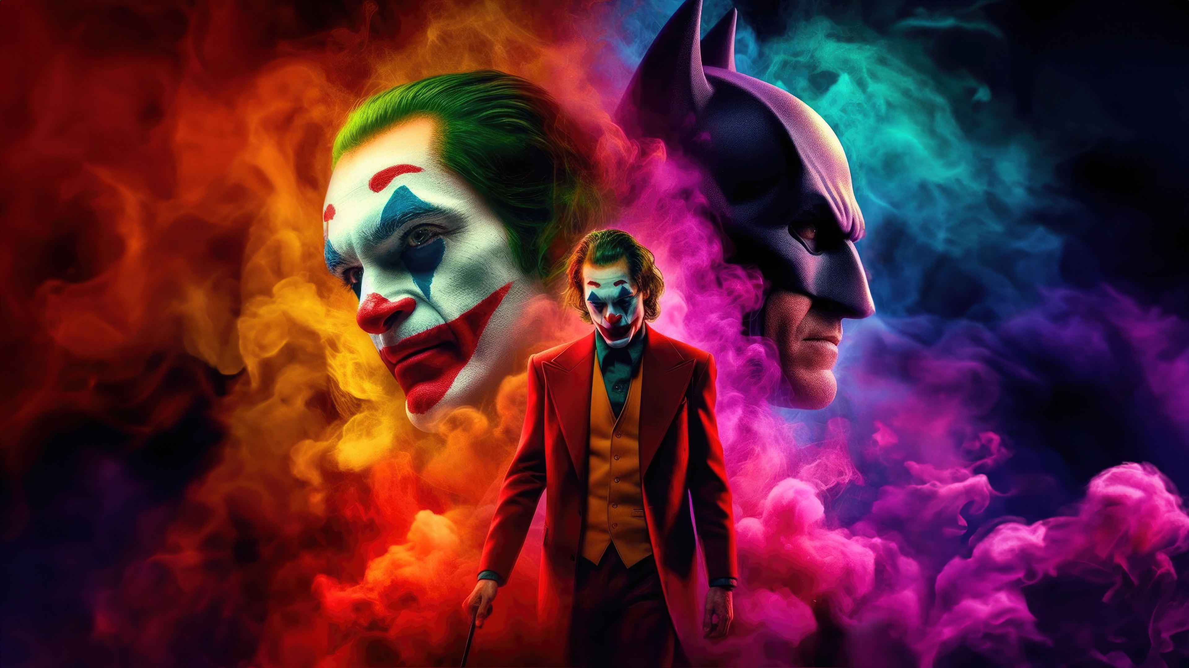Joker and Batman in Colorful Smoke HD Wallpaper