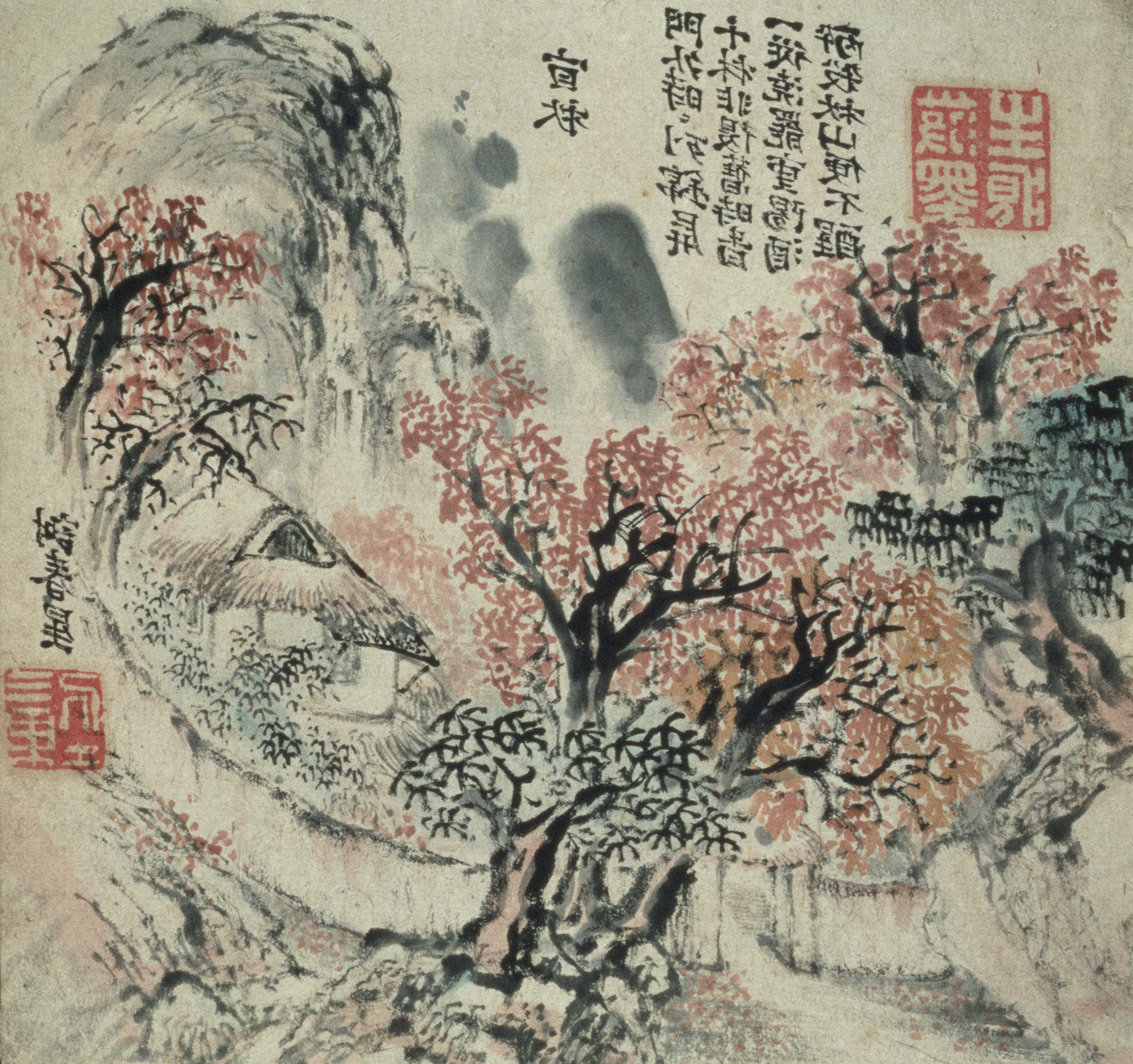 Japanese ink painting of a mountain landscape with a hut and trees HD Wallpaper
