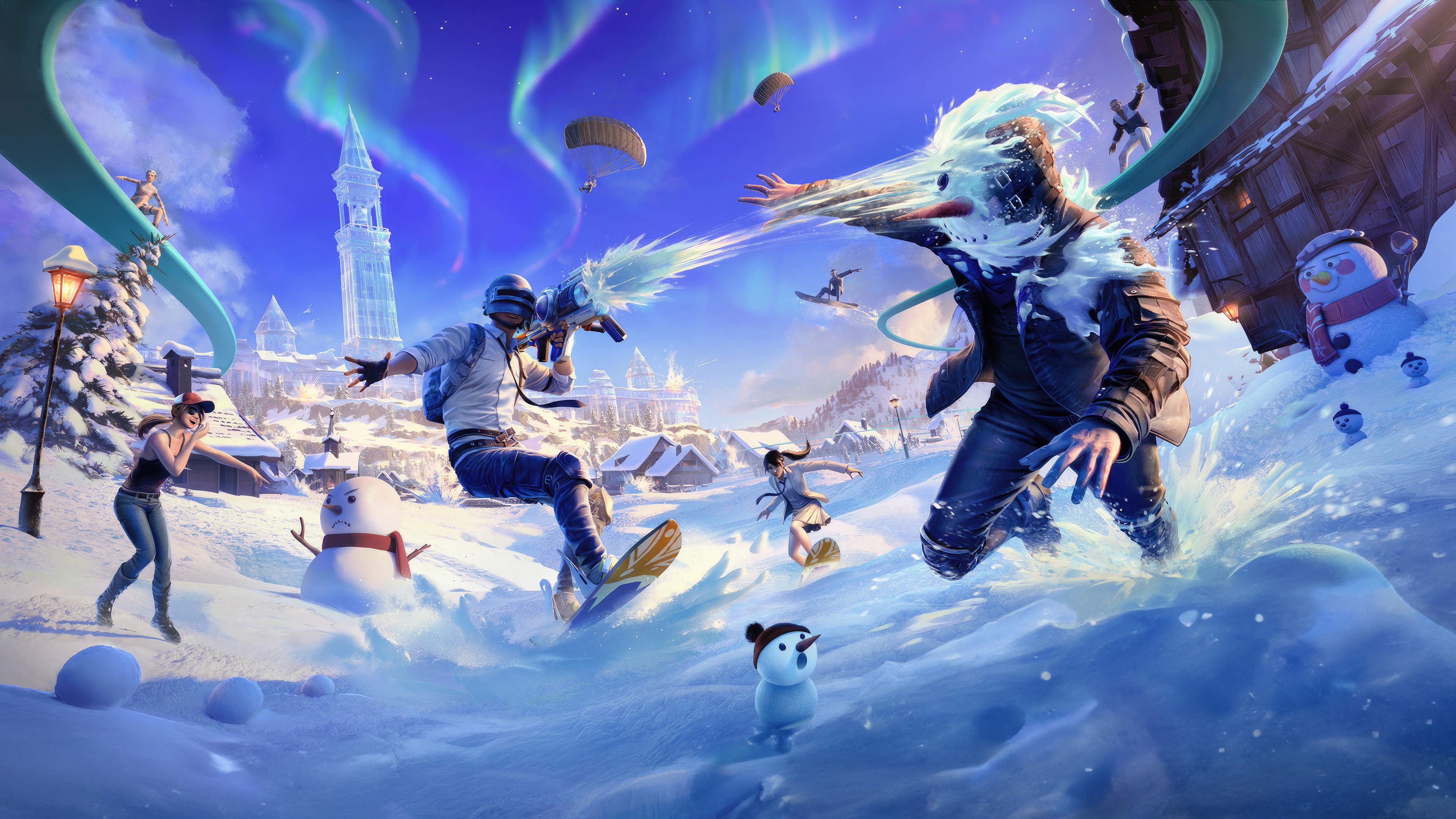 PUBG Winter Snowboard Battle with Snowman HD Wallpaper