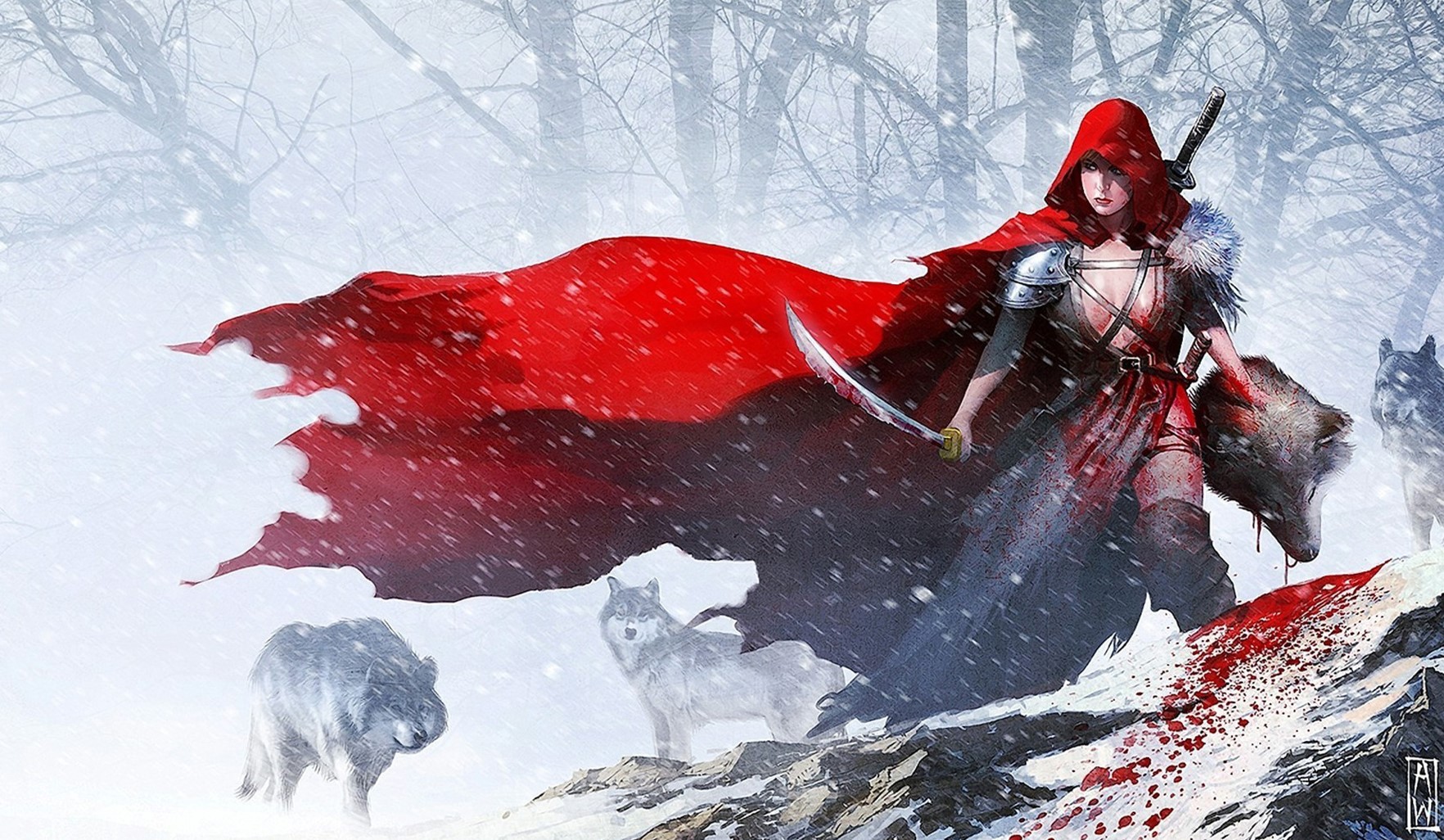 Fantasy warrior woman with wolves in snow HD Wallpaper