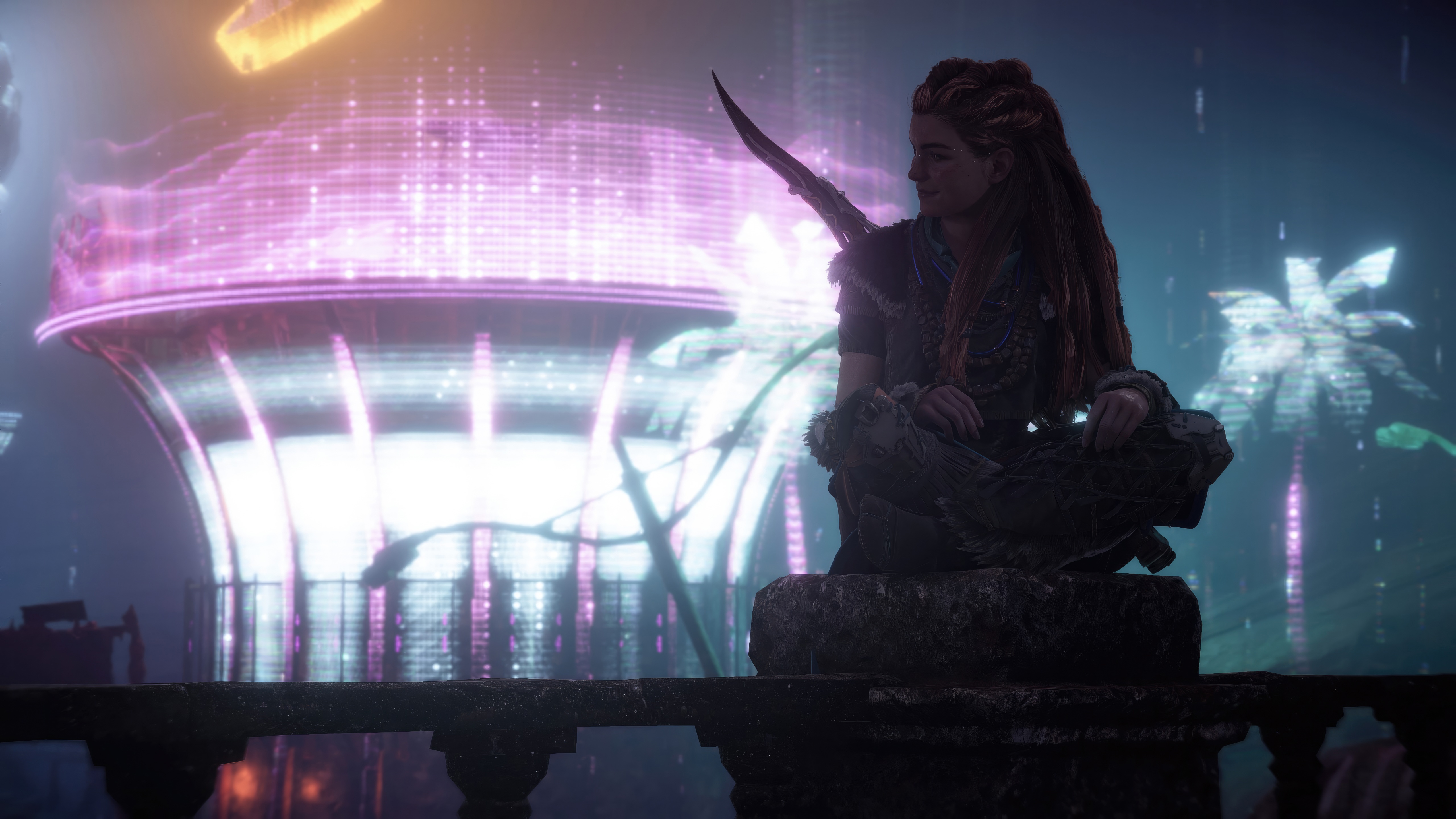 Aloy from Horizon Forbidden West in a futuristic city HD Wallpaper