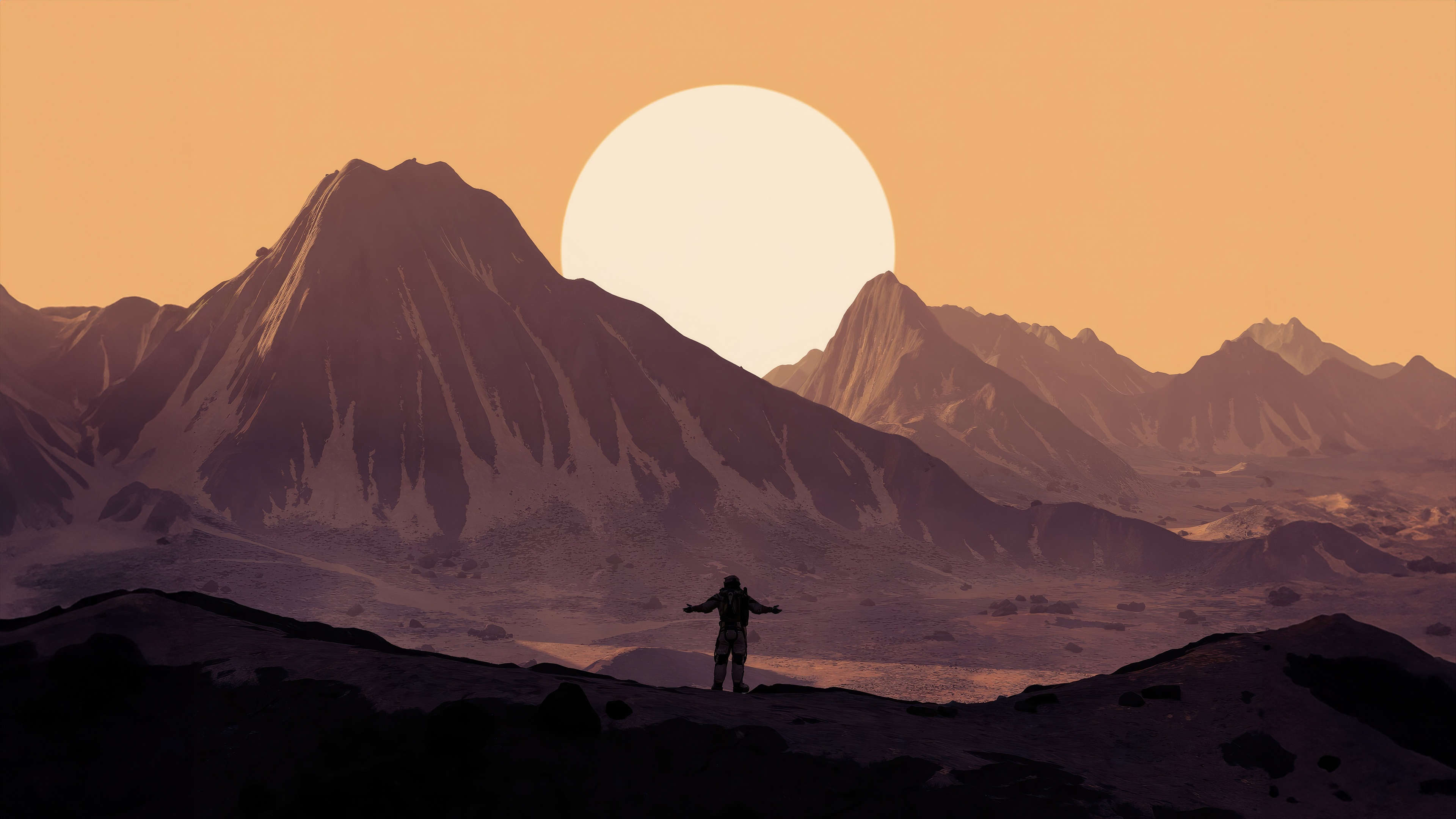 Astronaut standing on a rocky planet with mountains and a large sun HD Wallpaper