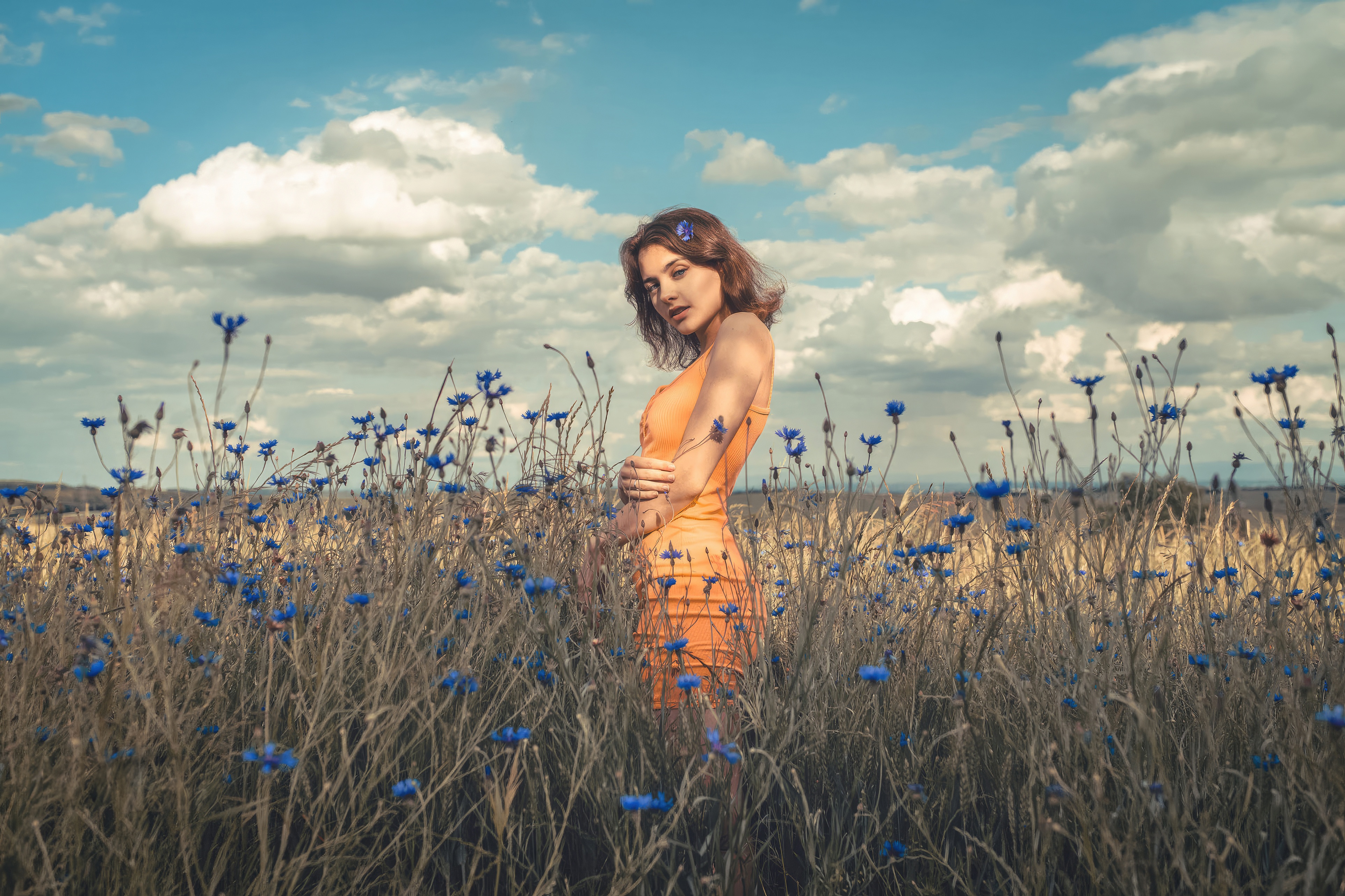 Model in orange dress in a field of blue flowers HD Wallpaper