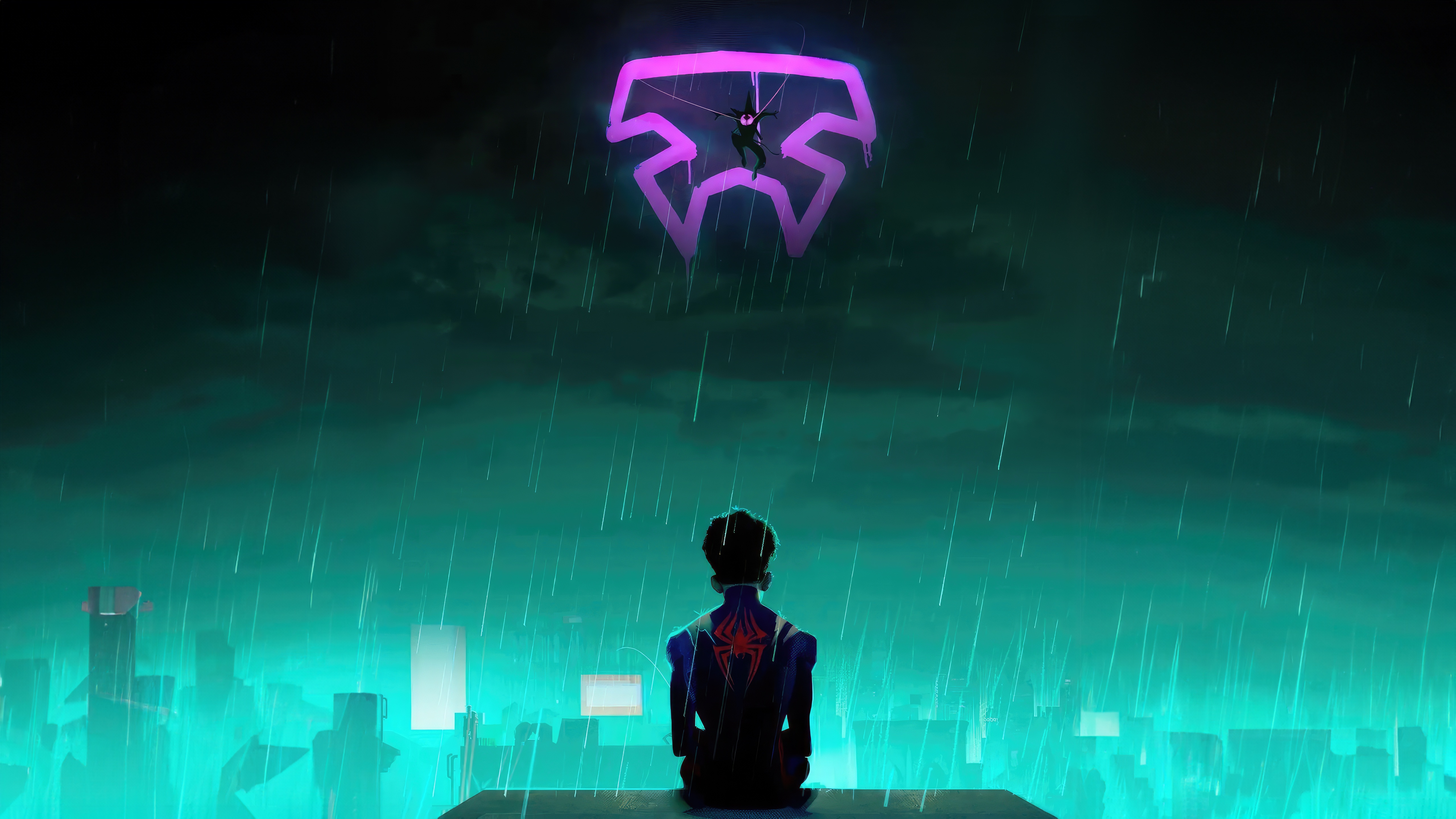 Miles Morales in a neon city during a storm HD Wallpaper
