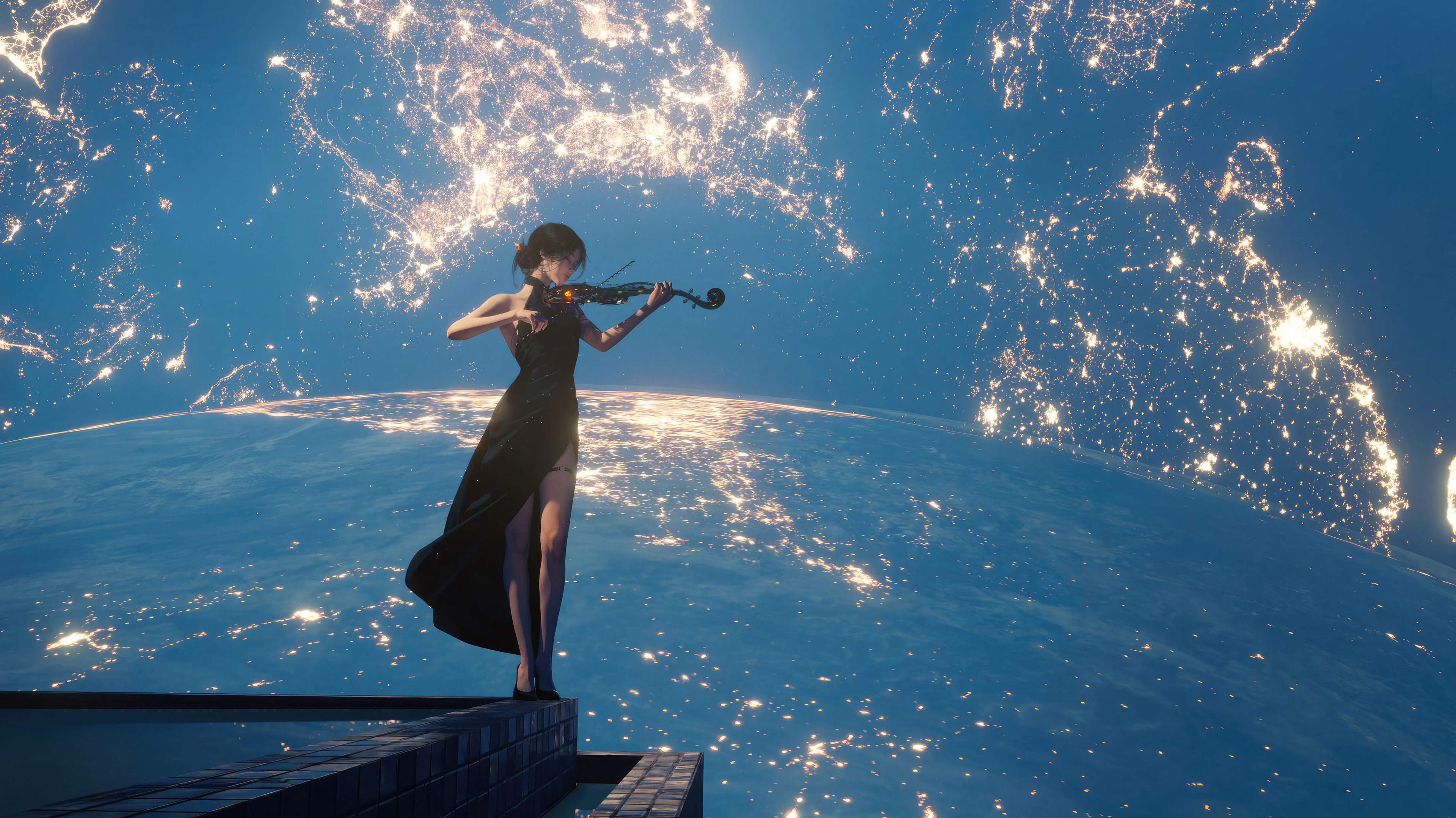 Girl playing violin on Earth from space HD Wallpaper
