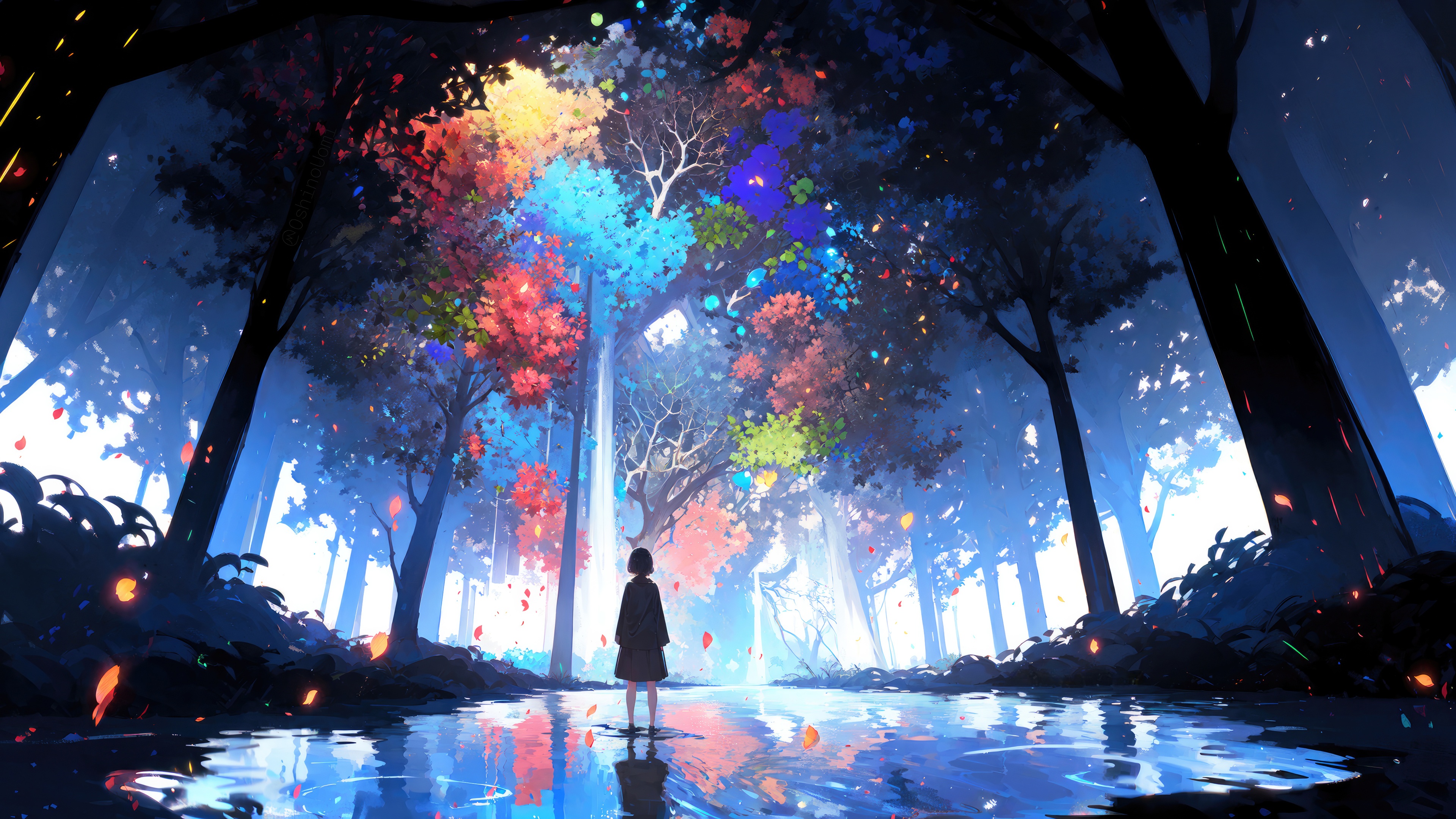 Anime girl in a colorful forest with a pond HD Wallpaper