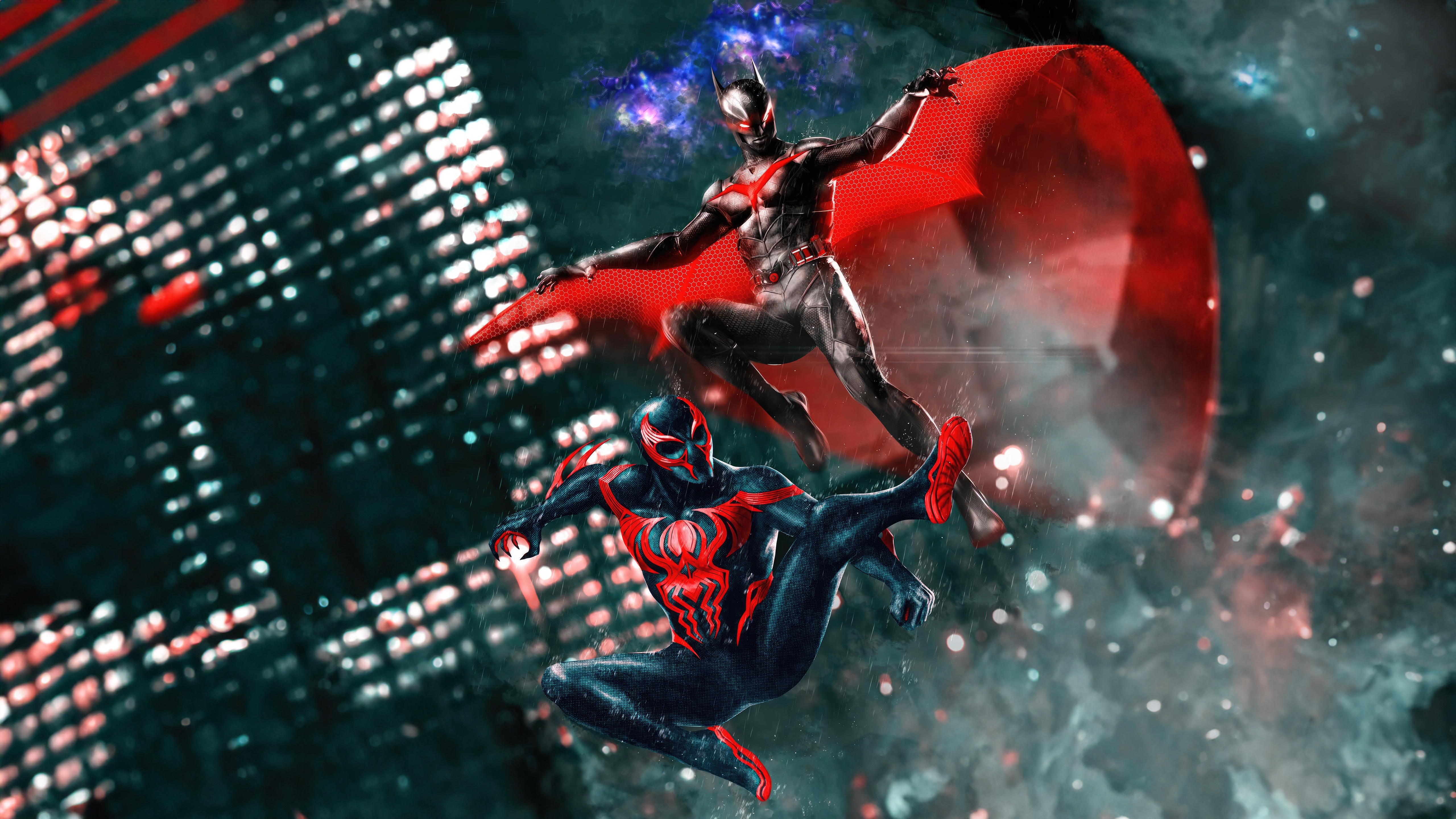 Spider-Man 2099 and Batman Beyond in a city HD Wallpaper