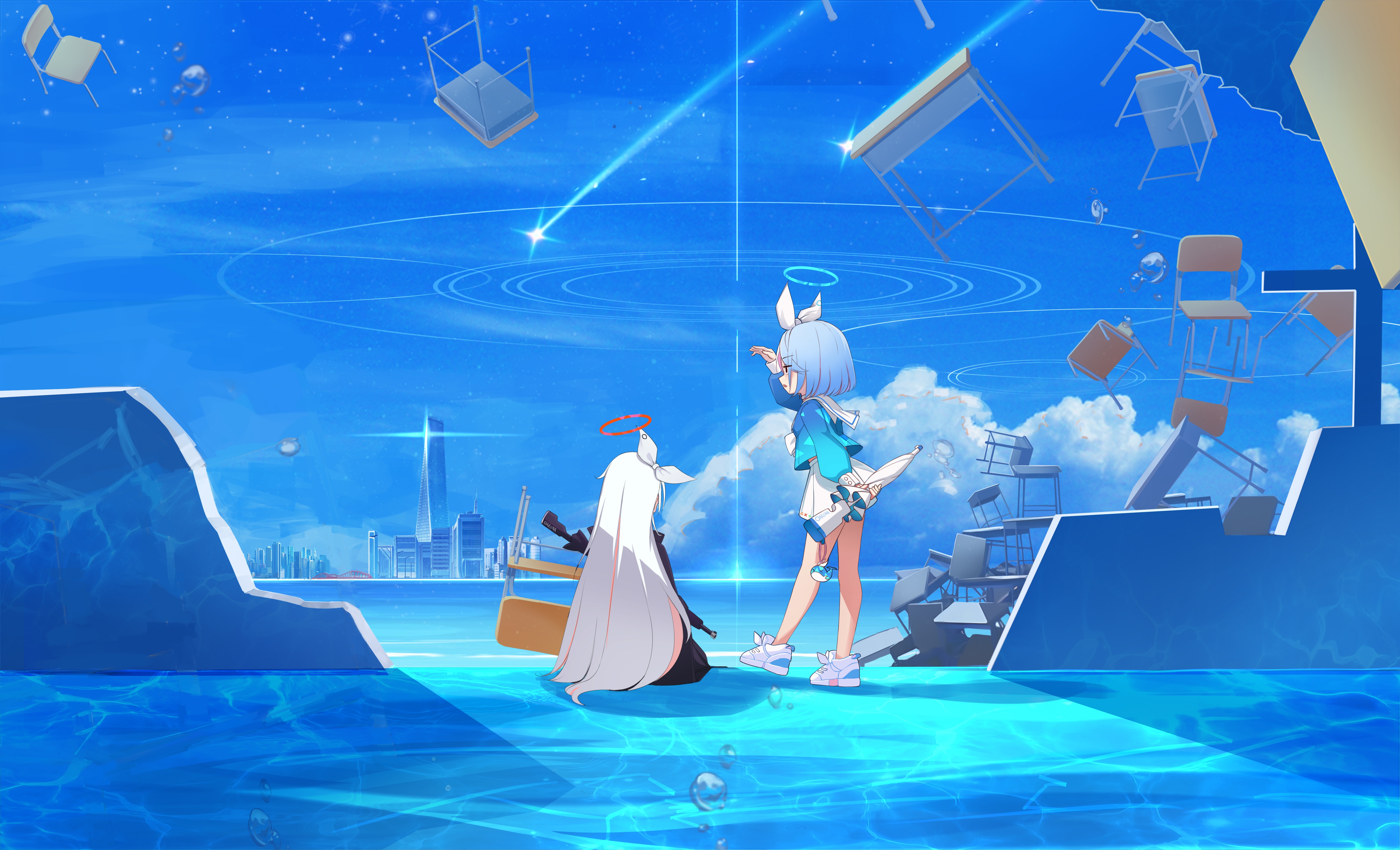 Arona and Plana from Blue Archive in a surreal water scene HD Wallpaper