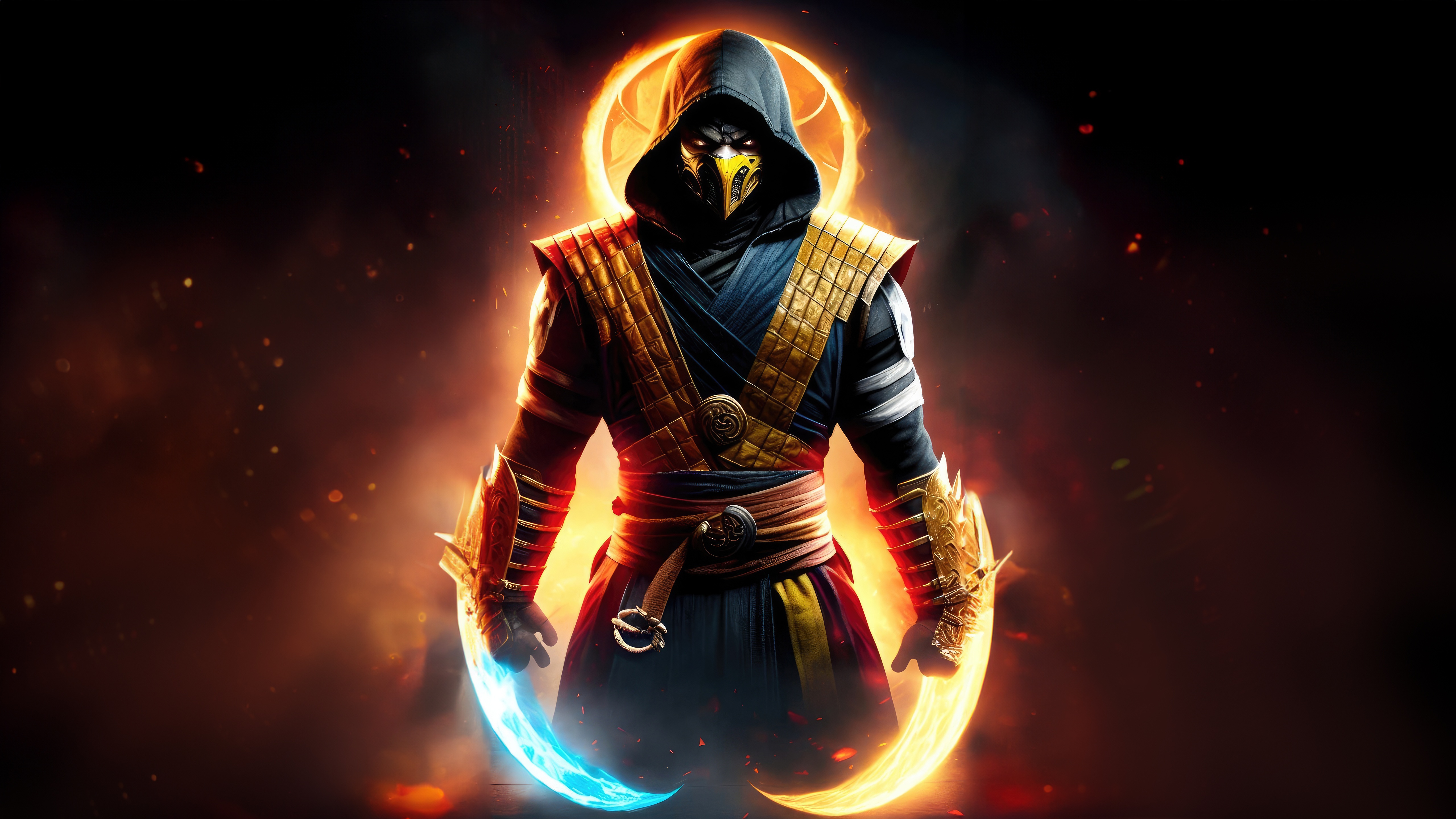 Scorpion from Mortal Kombat with fiery aura HD Wallpaper