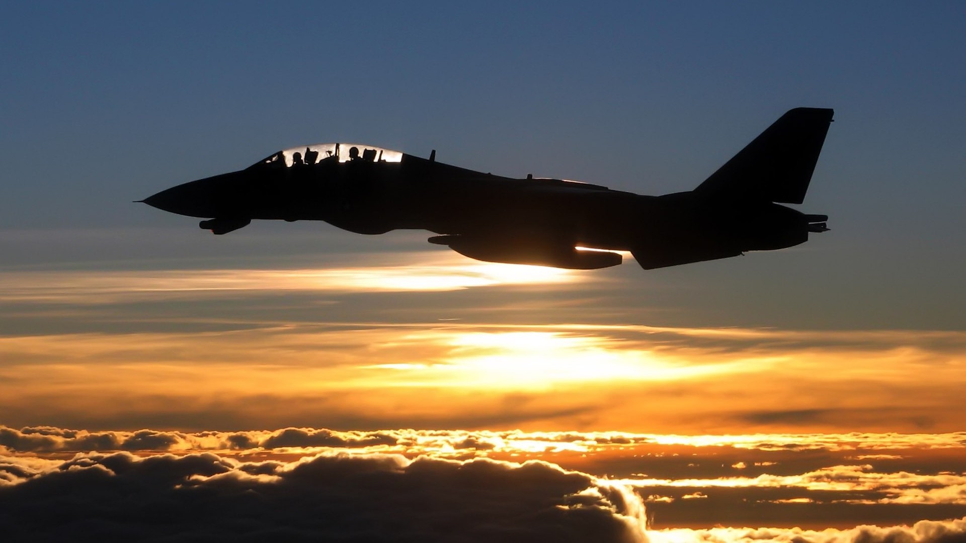 Silhouette of Grumman F-14 Tomcat flying at sunset HD Wallpaper