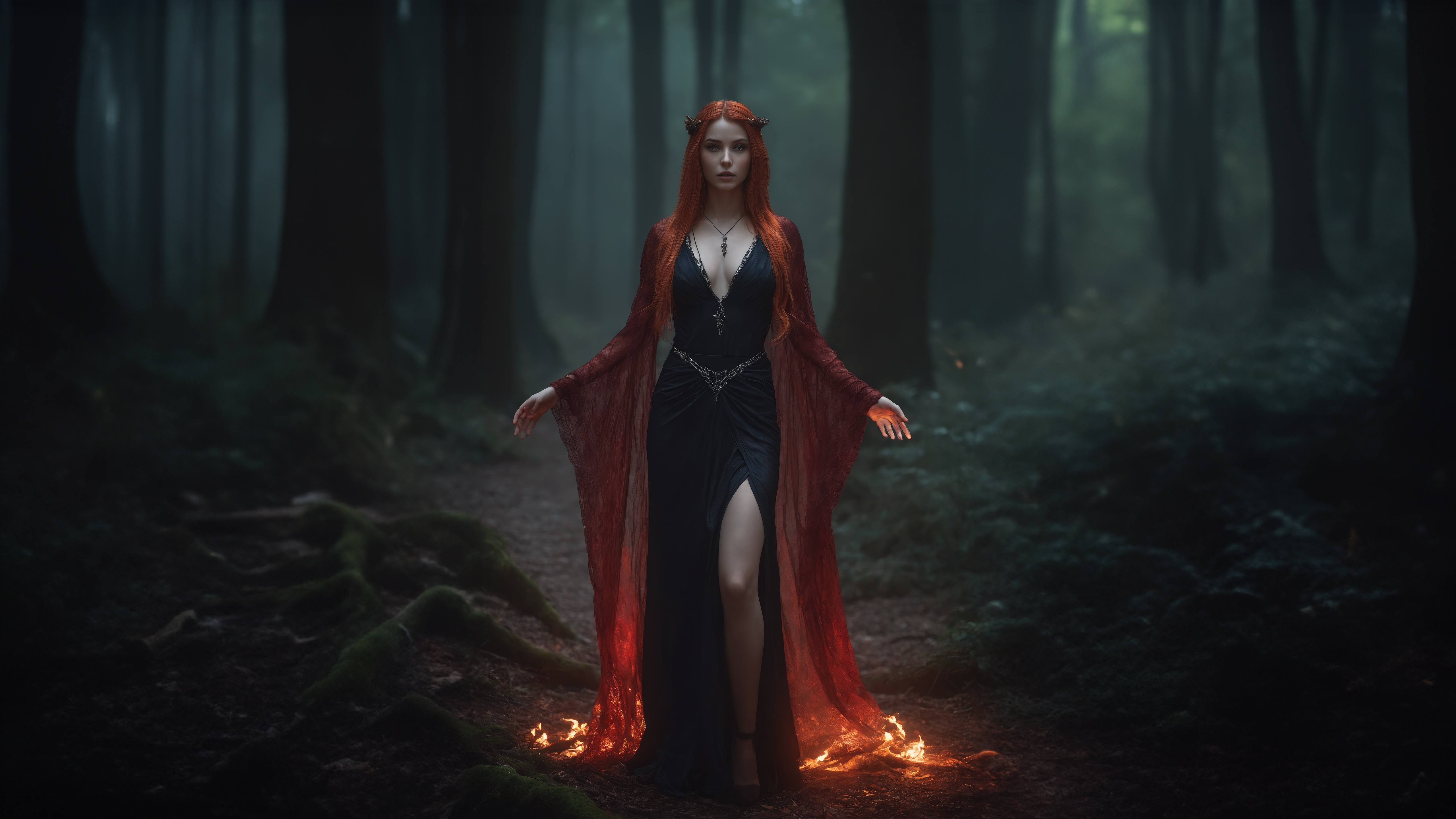 Fantasy girl with red hair and horns in a forest HD Wallpaper