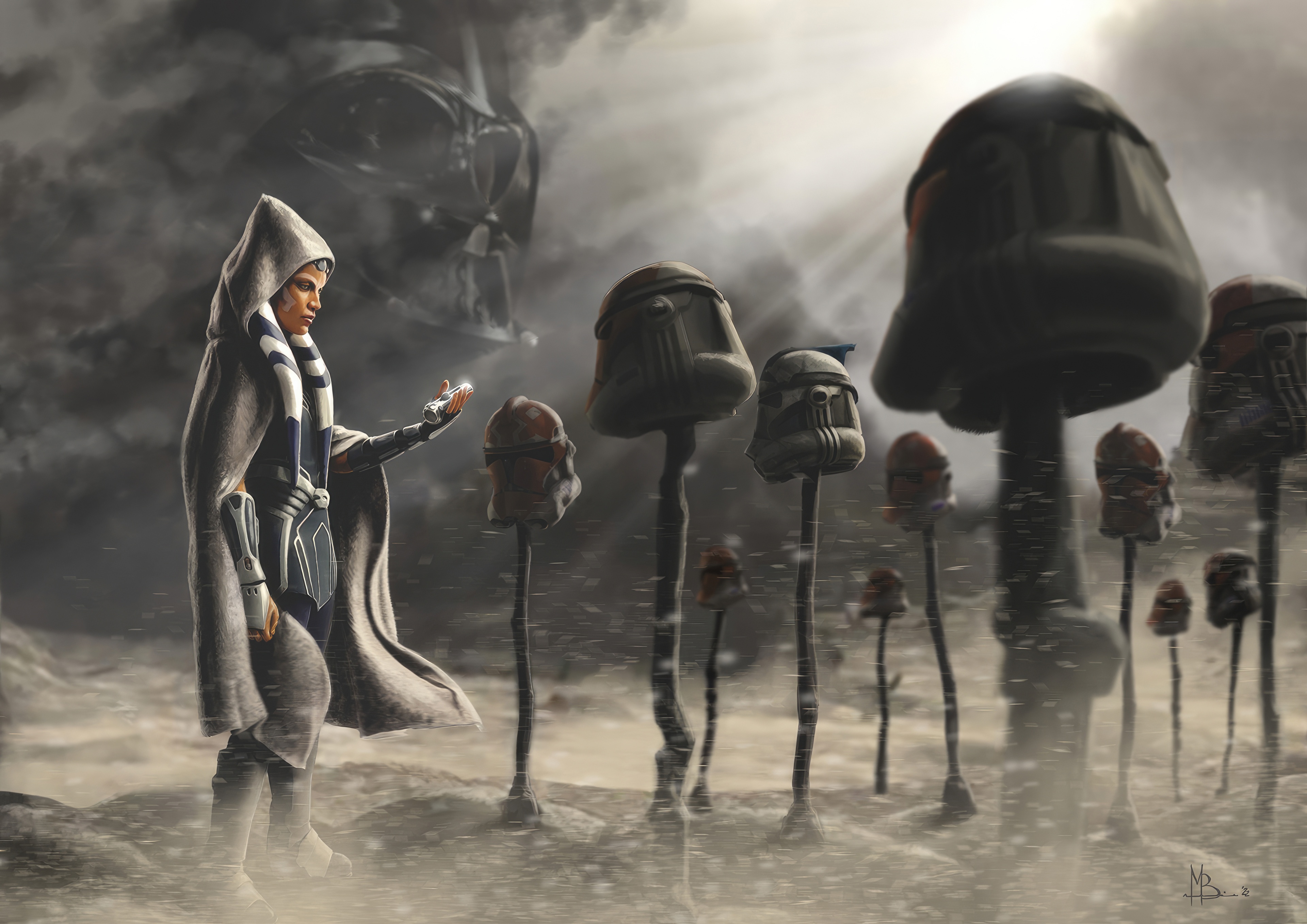 Ahsoka Tano and Clone Trooper Helmets HD Wallpaper