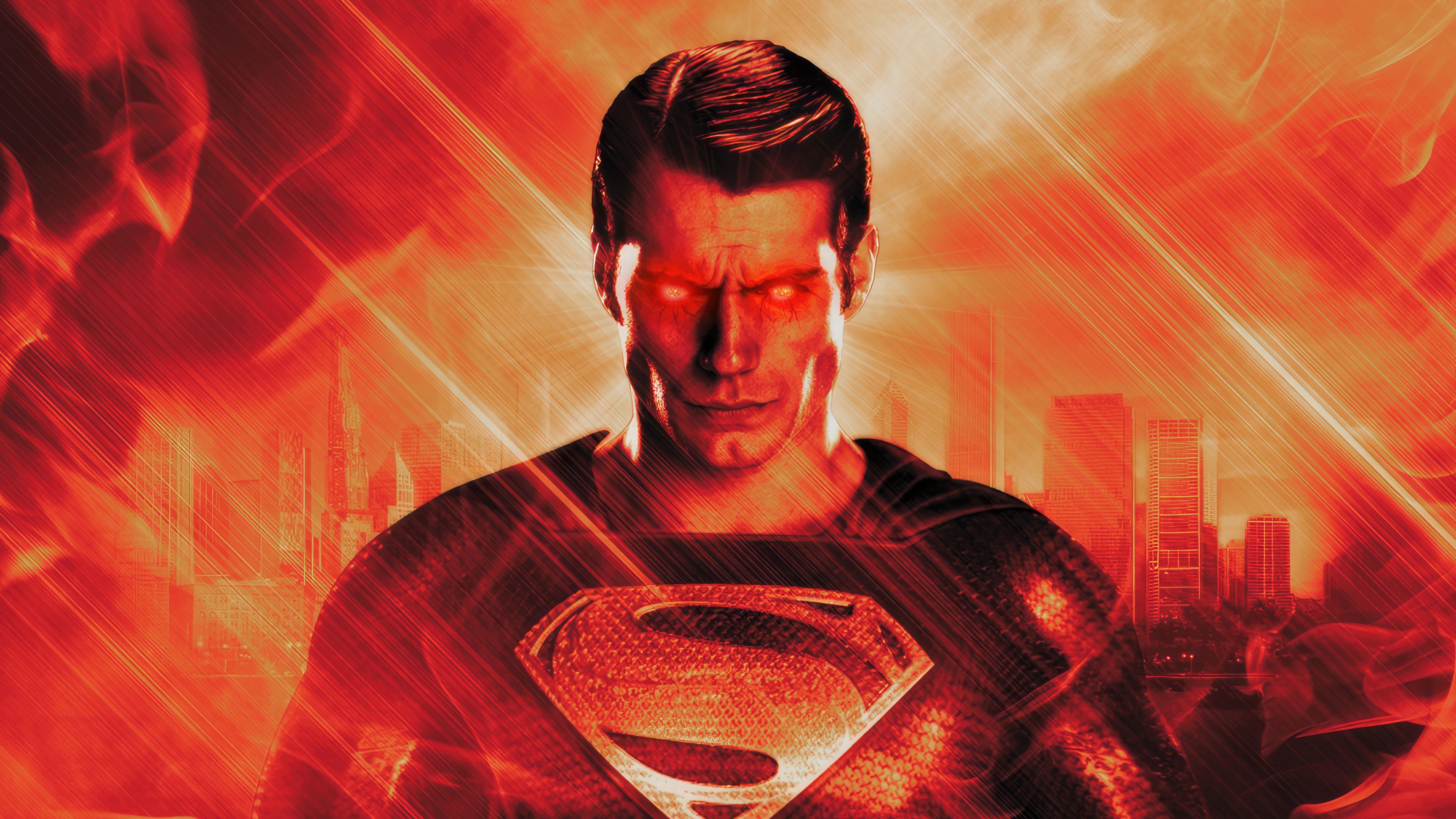 Superman with glowing red eyes and city background HD Wallpaper
