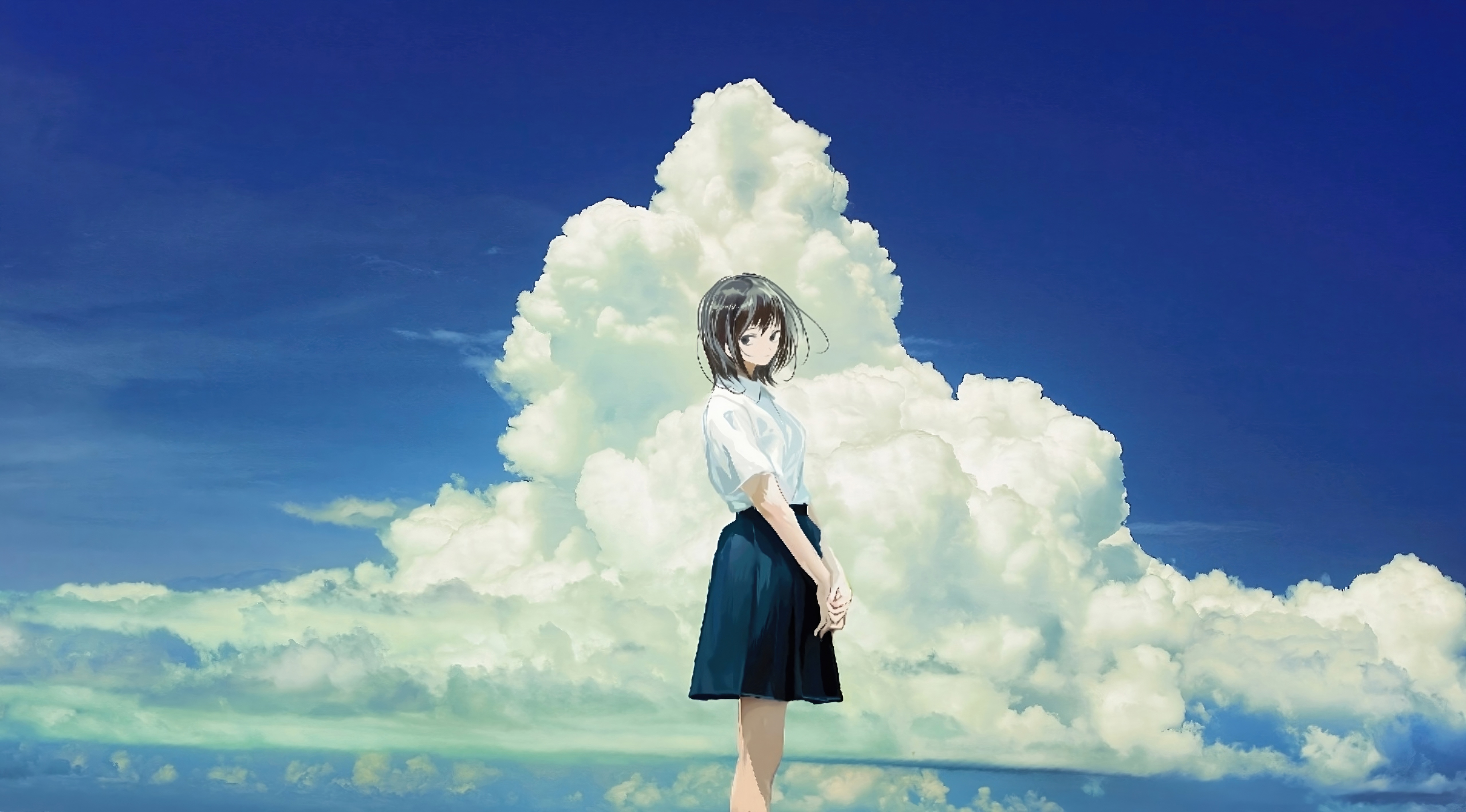 Anime girl standing in front of large clouds HD Wallpaper